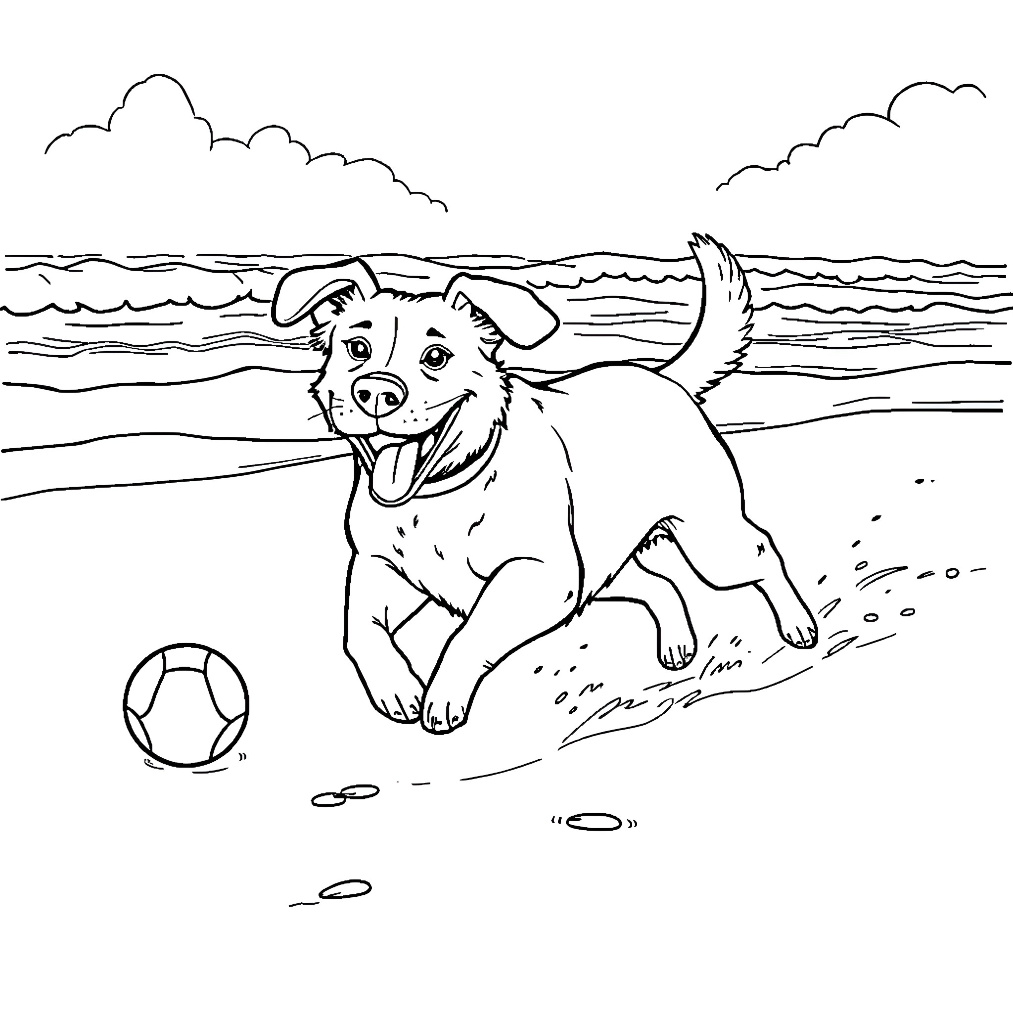 Dog playing joyfully on the beach Coloring Page (free black-and-white line drawing printable PDF for all, from beginners to advanced learners, including children, teens, adults, and seniors)