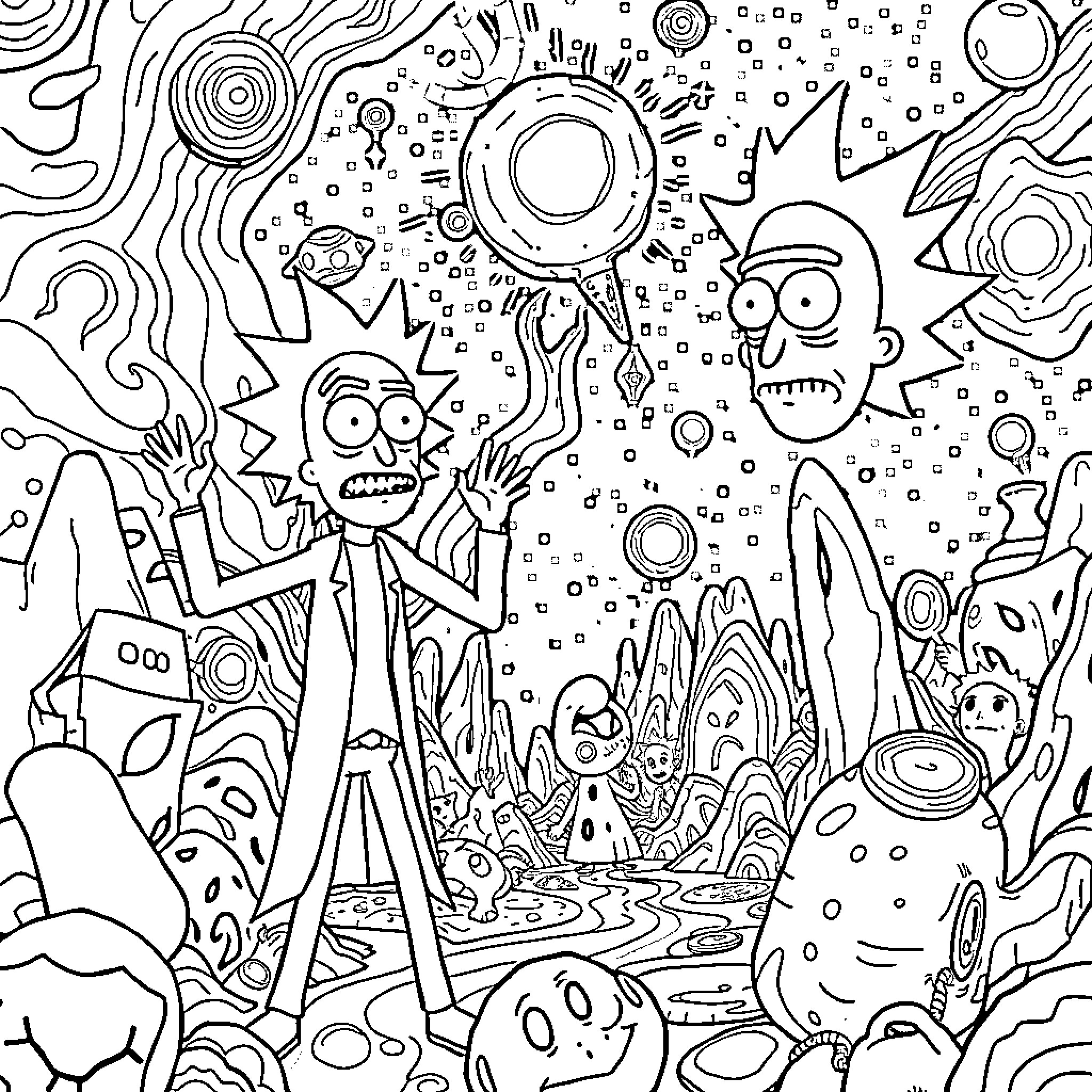 Rick And Morty's Chaotic Adventure in the Cosmic Realm Coloring Page (free black-and-white line drawing printable PDF for all, from beginners to advanced learners, including children, teens, adults, and seniors)