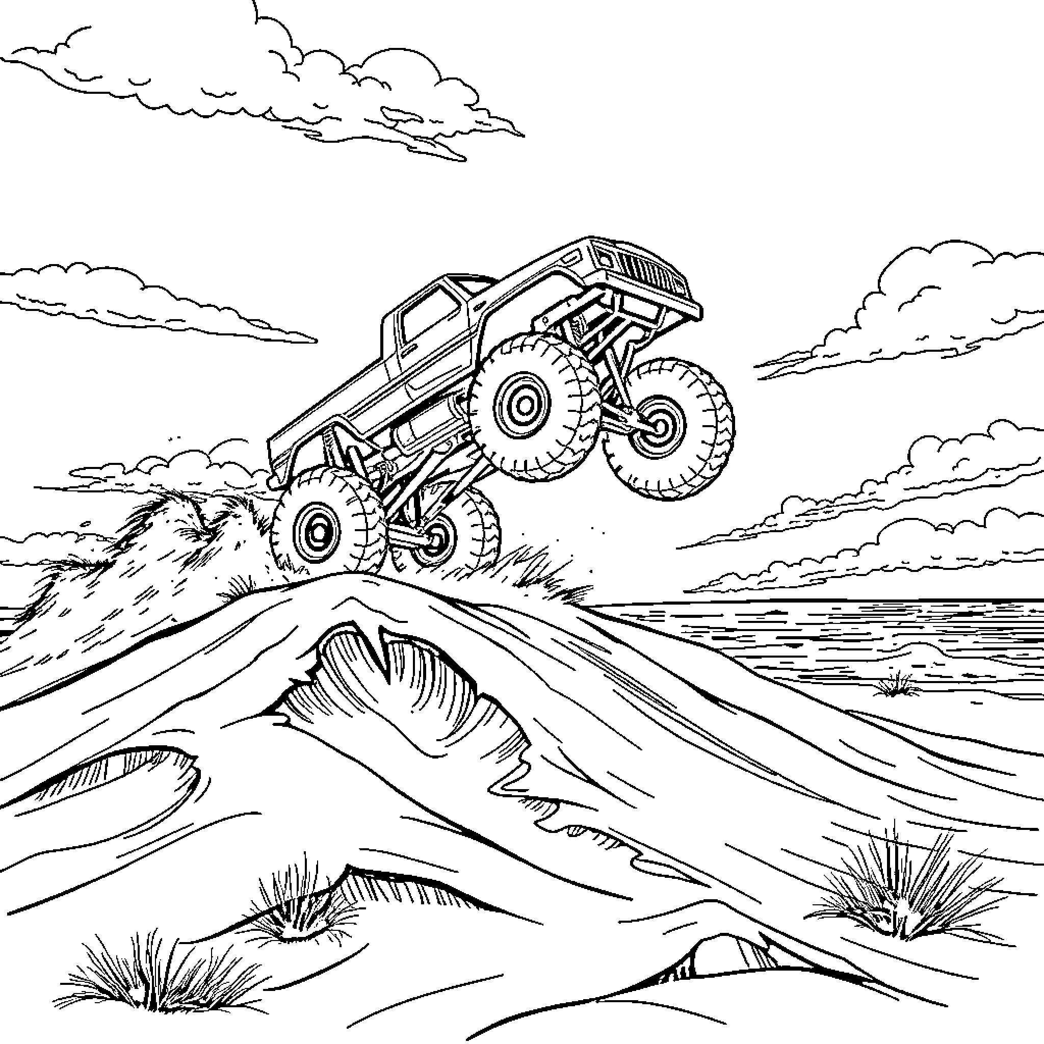 Monster Truck Conquering Rugged Terrain Coloring Page (free black-and-white line drawing printable PDF for all, from beginners to advanced learners, including children, teens, adults, and seniors)