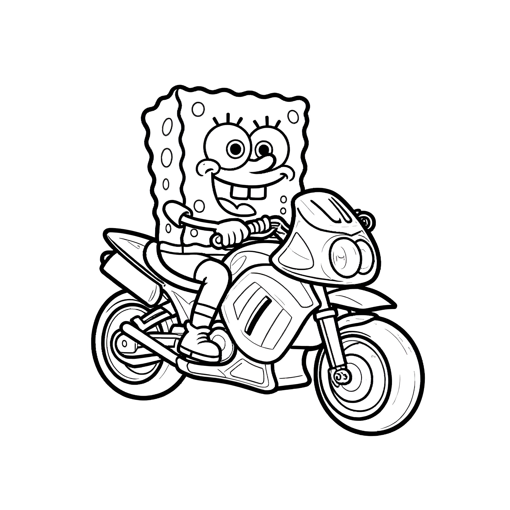 Spongebob riding a motorcycle with a big smile Coloring Page (free black-and-white line drawing printable PDF for all, from beginners to advanced learners, including children, teens, adults, and seniors)
