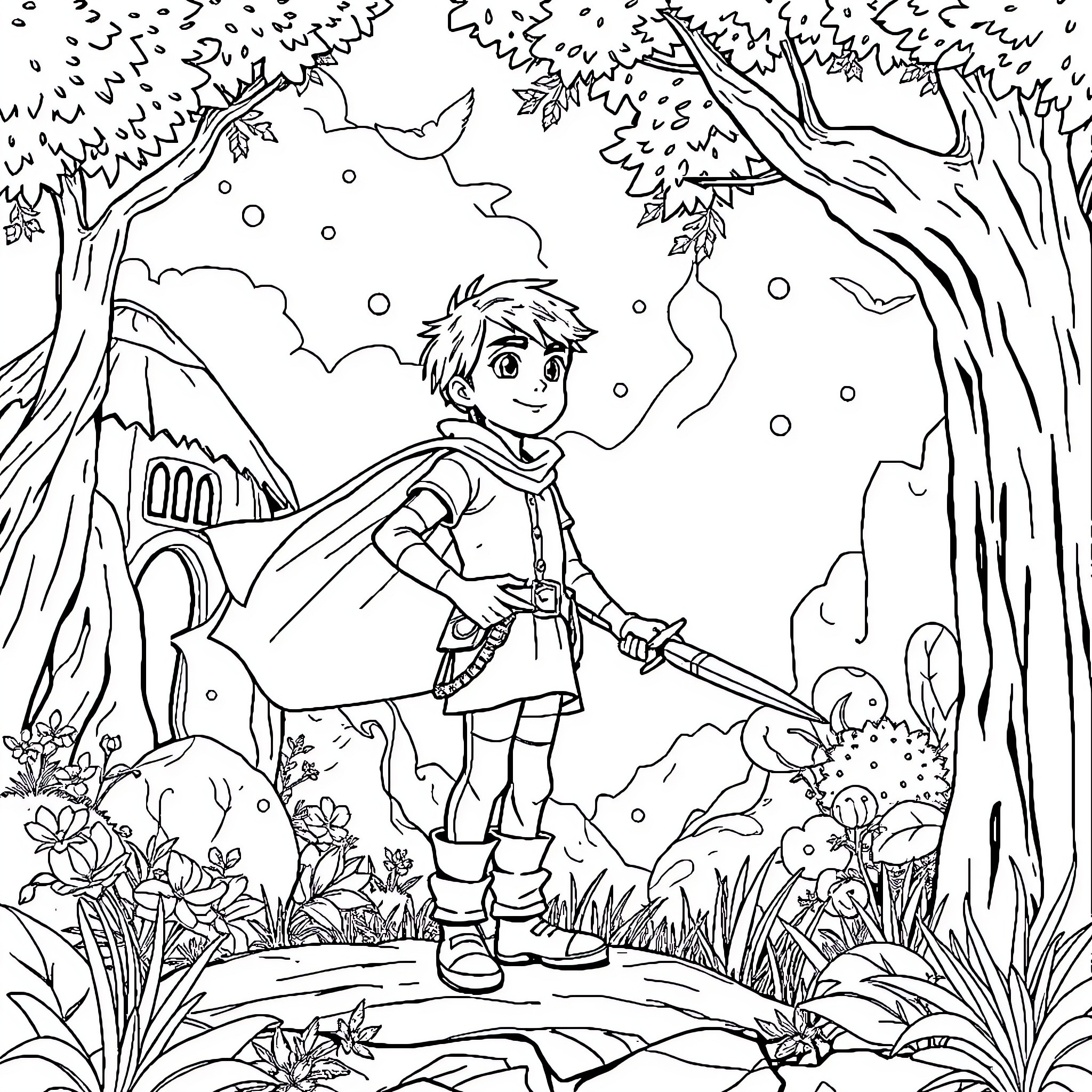 Elio's Enchanted Forest Adventure Coloring Page (free black-and-white line drawing printable PDF for all, from beginners to advanced learners, including children, teens, adults, and seniors)
