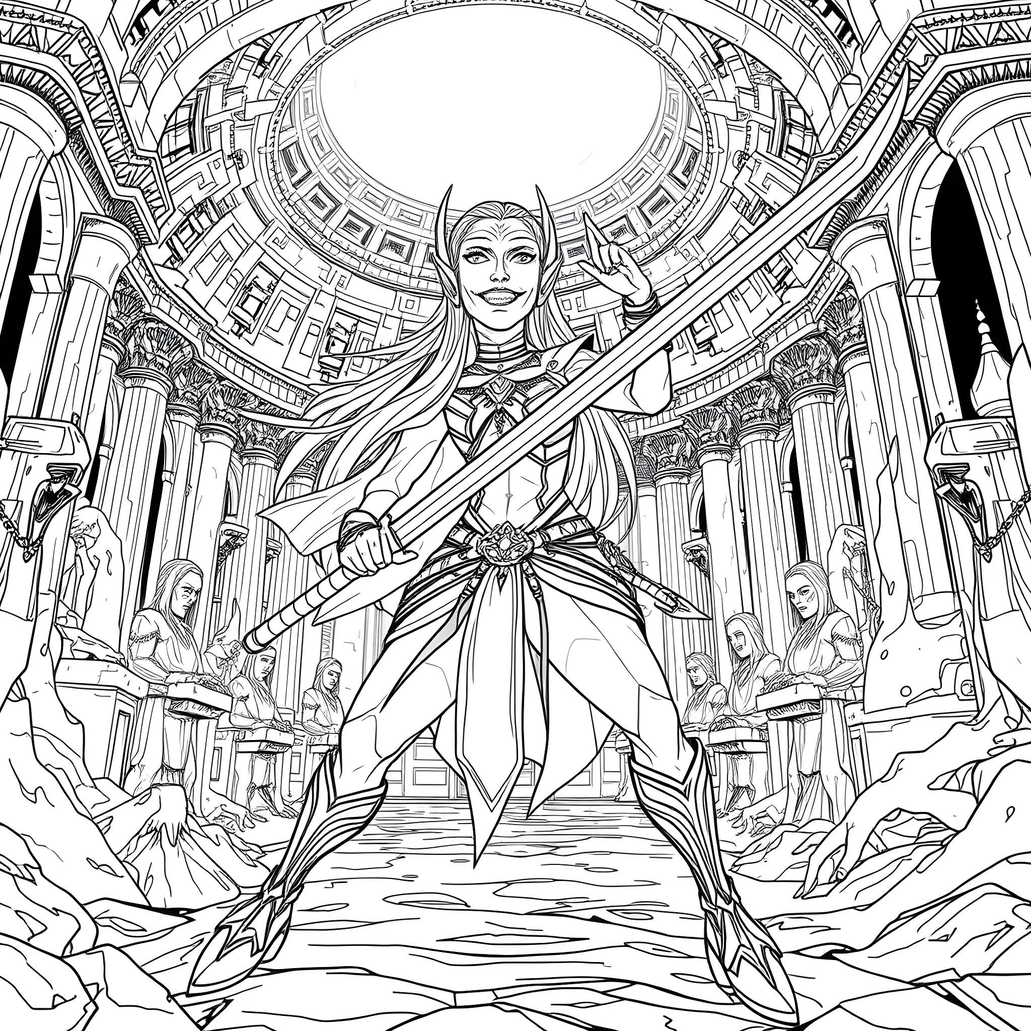 Mileena's Majestic Debut in a Fantastical Realm Coloring Page (free black-and-white line drawing printable PDF for all, from beginners to advanced learners, including children, teens, adults, and seniors)