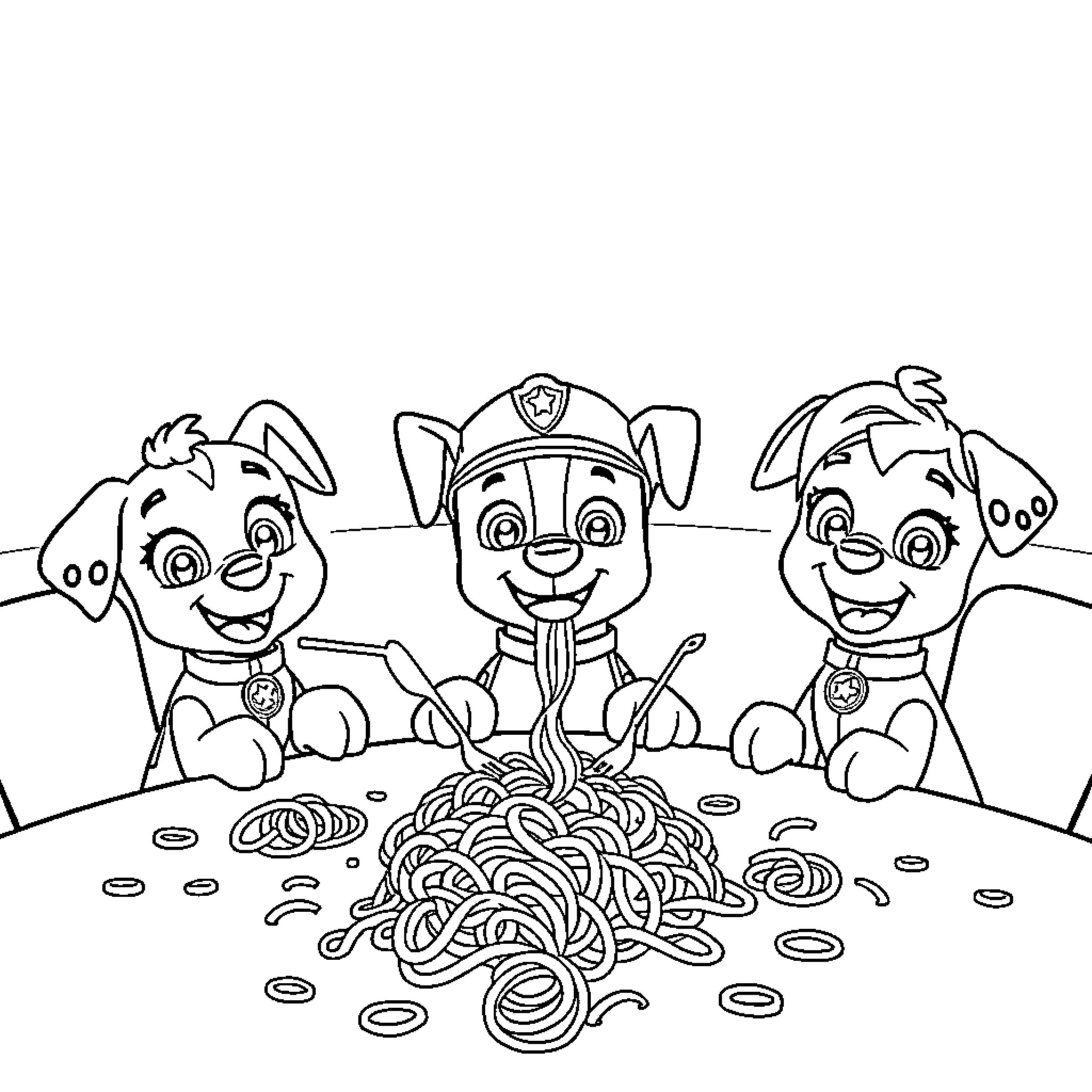 Paw Patrol Exploring Spaghetti Noodles Coloring Page (free black-and-white line drawing printable PDF for all, from beginners to advanced learners, including children, teens, adults, and seniors)