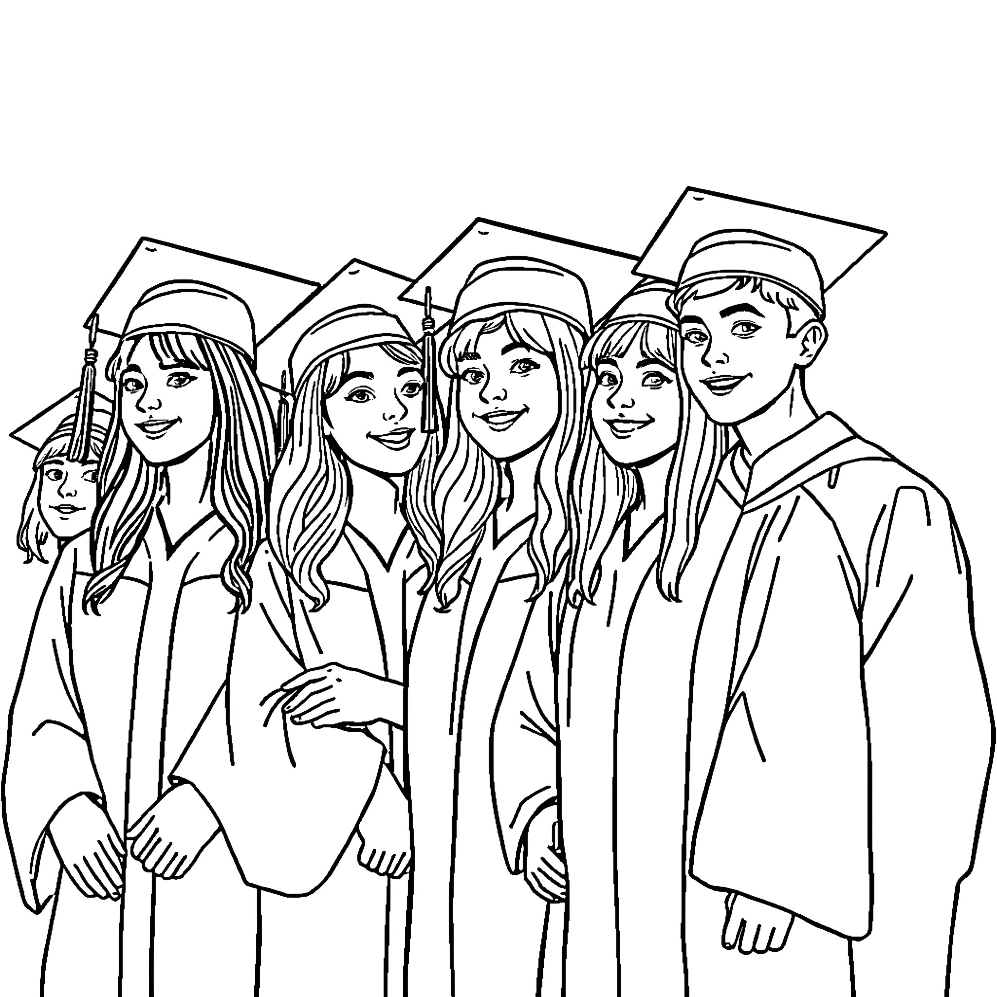 Graduation Celebration with Smiling Graduates Coloring Page (free black-and-white line drawing printable PDF for all, from beginners to advanced learners, including children, teens, adults, and seniors)