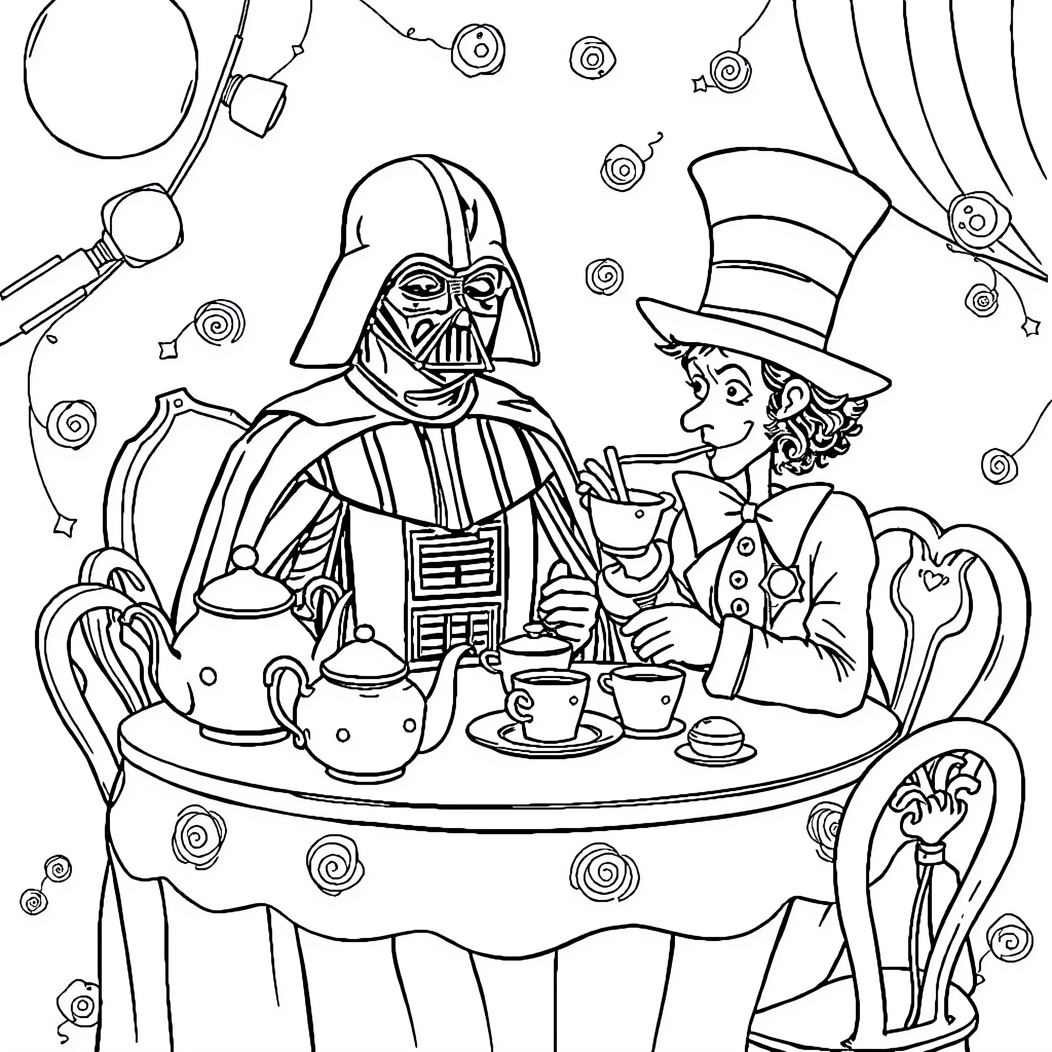 Darth Vader sharing tea with a whimsical companion Coloring Page (free black-and-white line drawing printable PDF for all, from beginners to advanced learners, including children, teens, adults, and seniors)