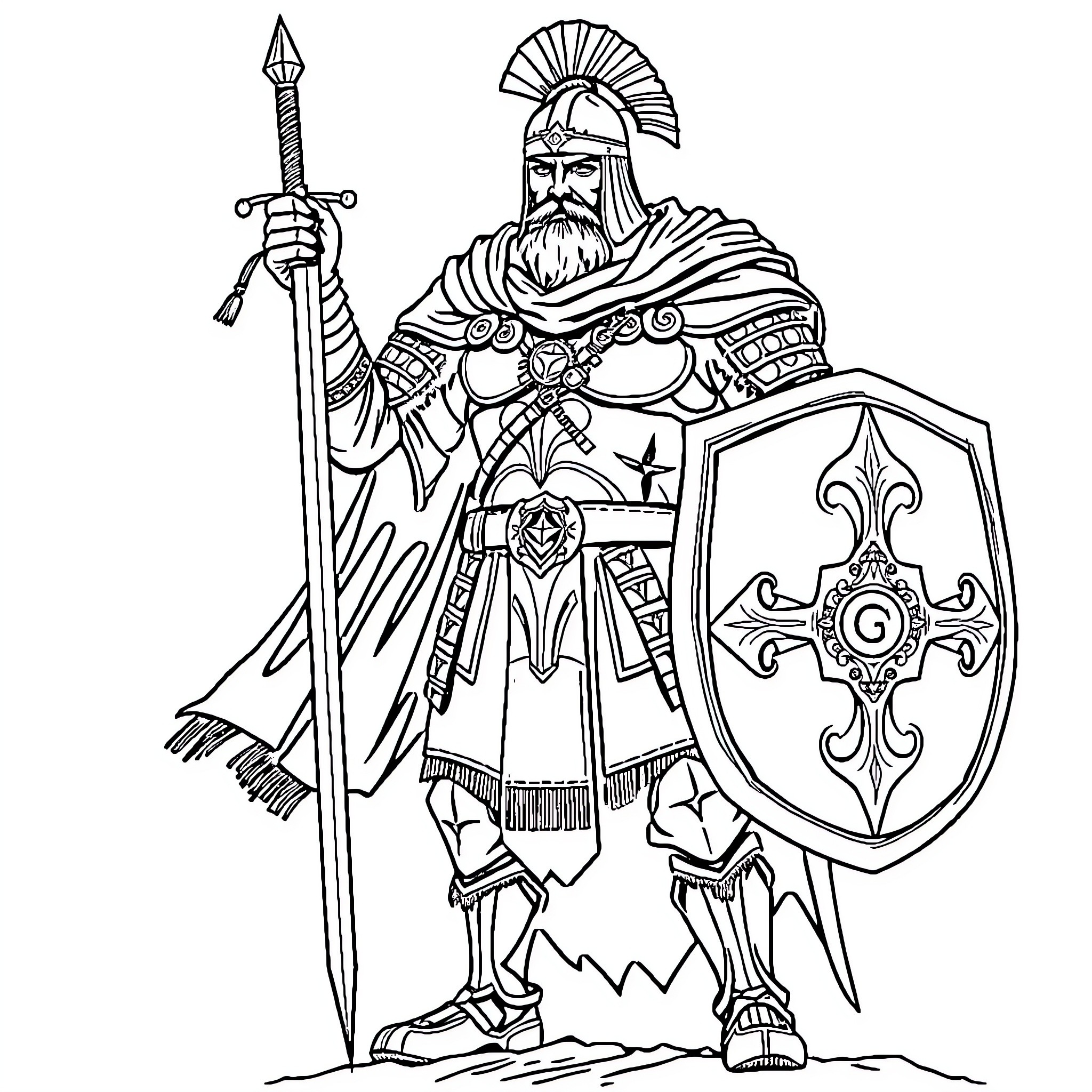 Skenderbeu, a medieval warrior wielding sword and shield Coloring Page (free black-and-white line drawing printable PDF for all, from beginners to advanced learners, including children, teens, adults, and seniors)