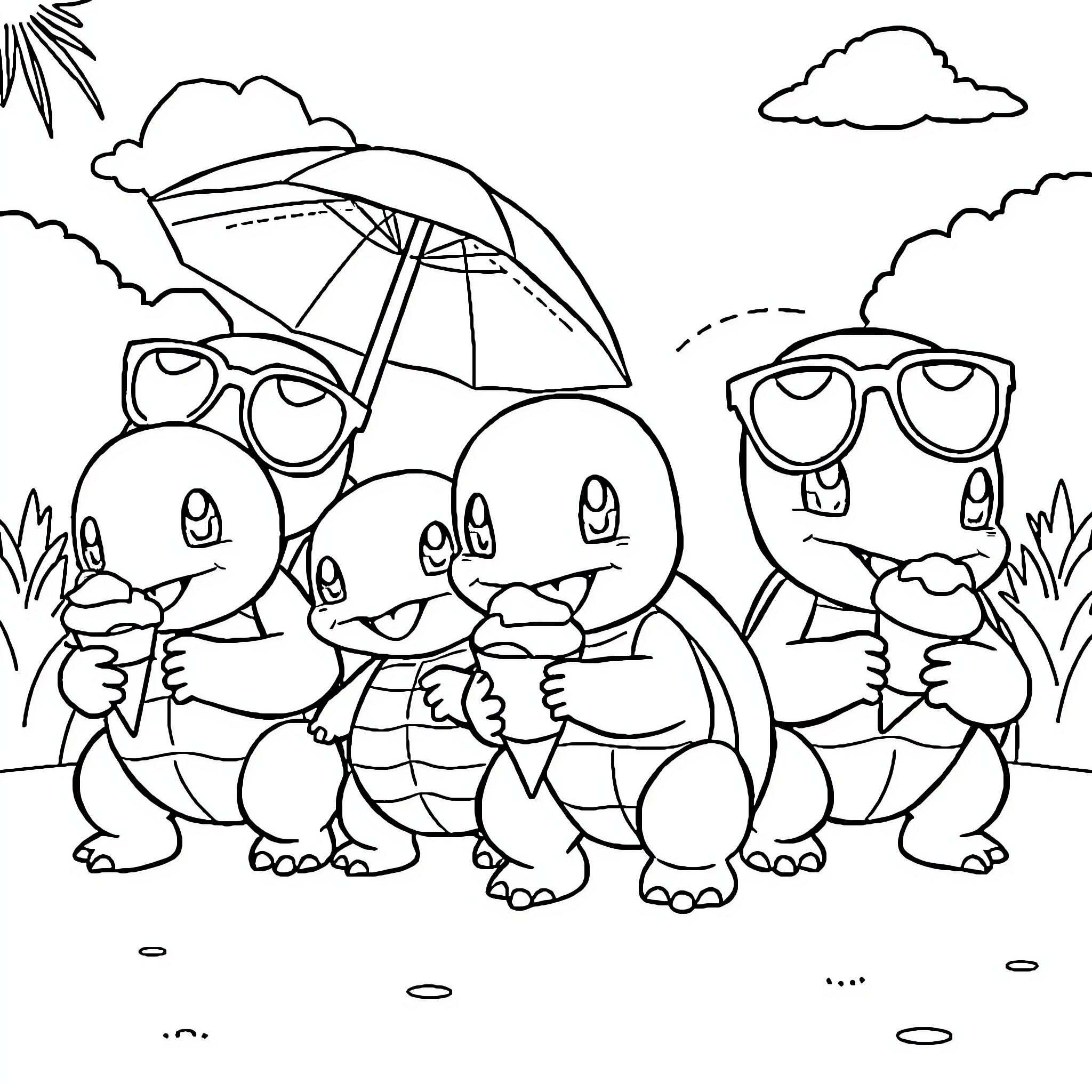 Squirtle characters enjoying a sunny picnic day Coloring Page (free black-and-white line drawing printable PDF for all, from beginners to advanced learners, including children, teens, adults, and seniors)