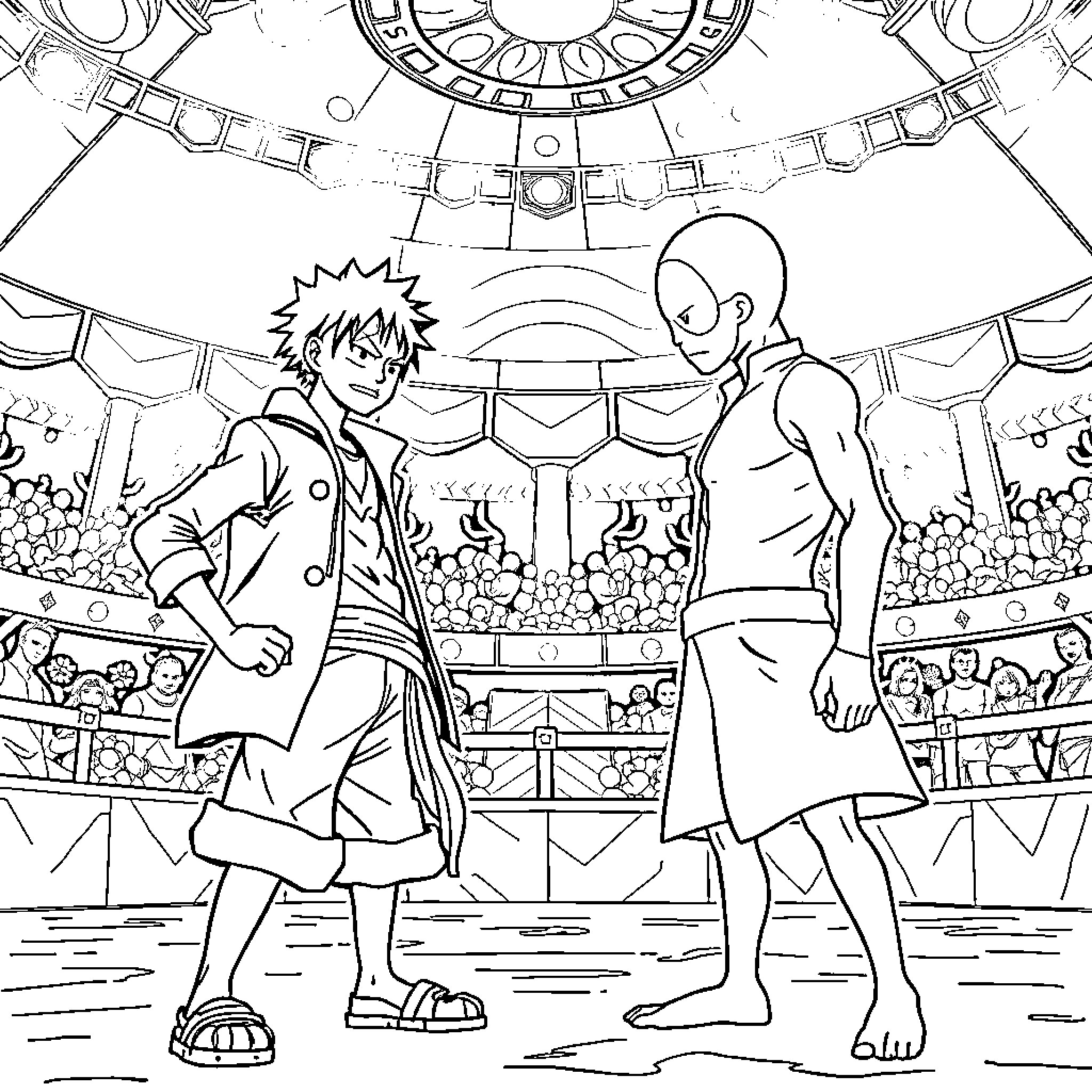 Luffy's Thrilling Adventure in the Colosseum Coloring Page (free black-and-white line drawing printable PDF for all, from beginners to advanced learners, including children, teens, adults, and seniors)