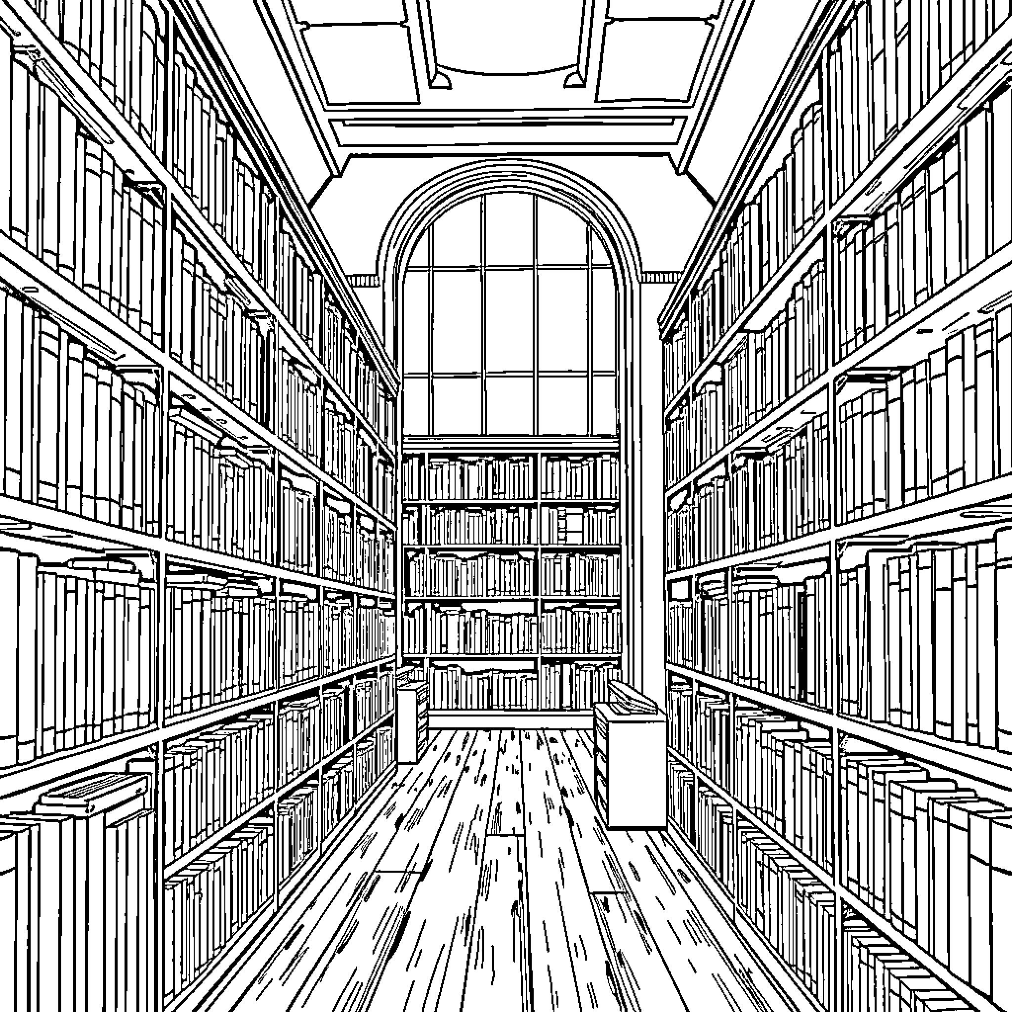 Library with Rows of Shelves and Arched Window Coloring Page (free black-and-white line drawing printable PDF for all, from beginners to advanced learners, including children, teens, adults, and seniors)