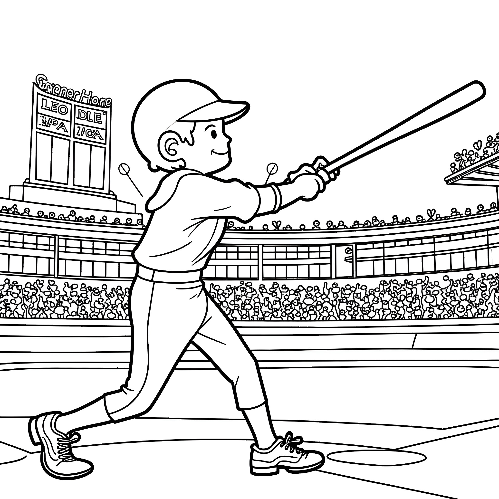 Pope Leo Batting in a Baseball Game Coloring Page (free black-and-white line drawing printable PDF for all, from beginners to advanced learners, including children, teens, adults, and seniors)