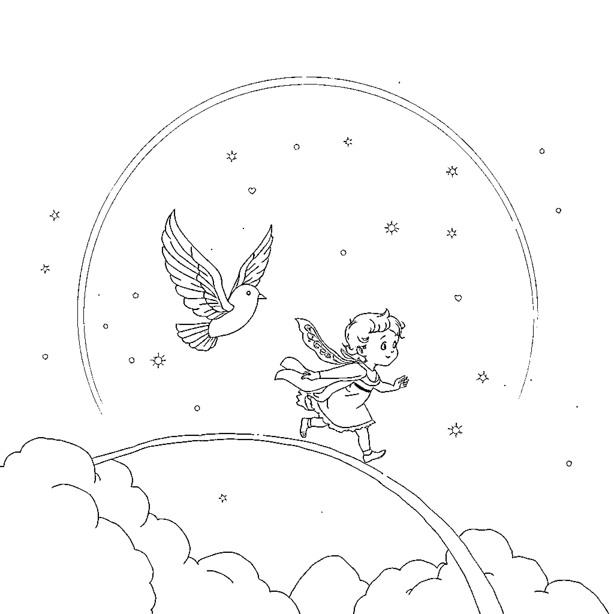 Baby chasing a bird in the night sky Coloring Page (free black-and-white line drawing printable PDF for all, from beginners to advanced learners, including children, teens, adults, and seniors)