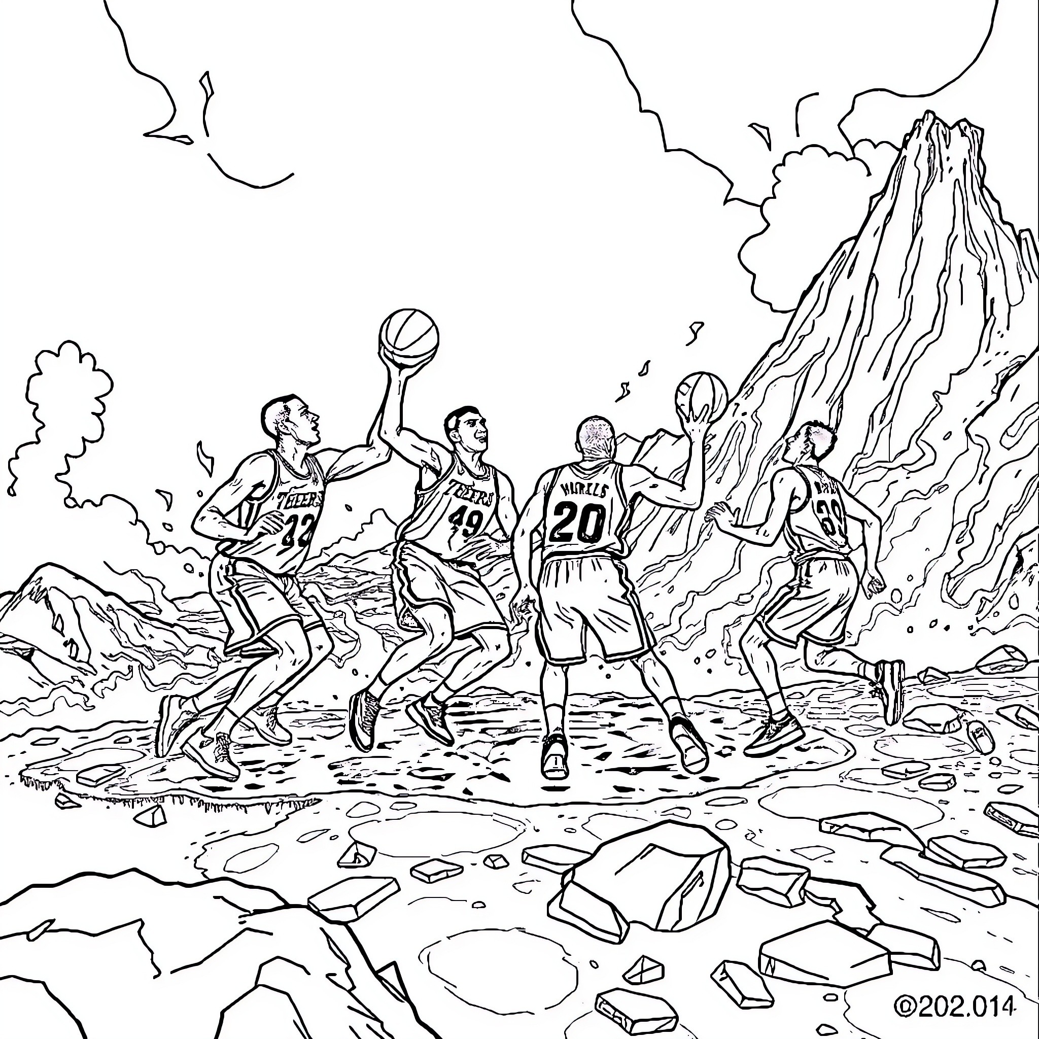76ers competing in intense basketball game in rugged terrain Coloring Page (free black-and-white line drawing printable PDF for all, from beginners to advanced learners, including children, teens, adults, and seniors)