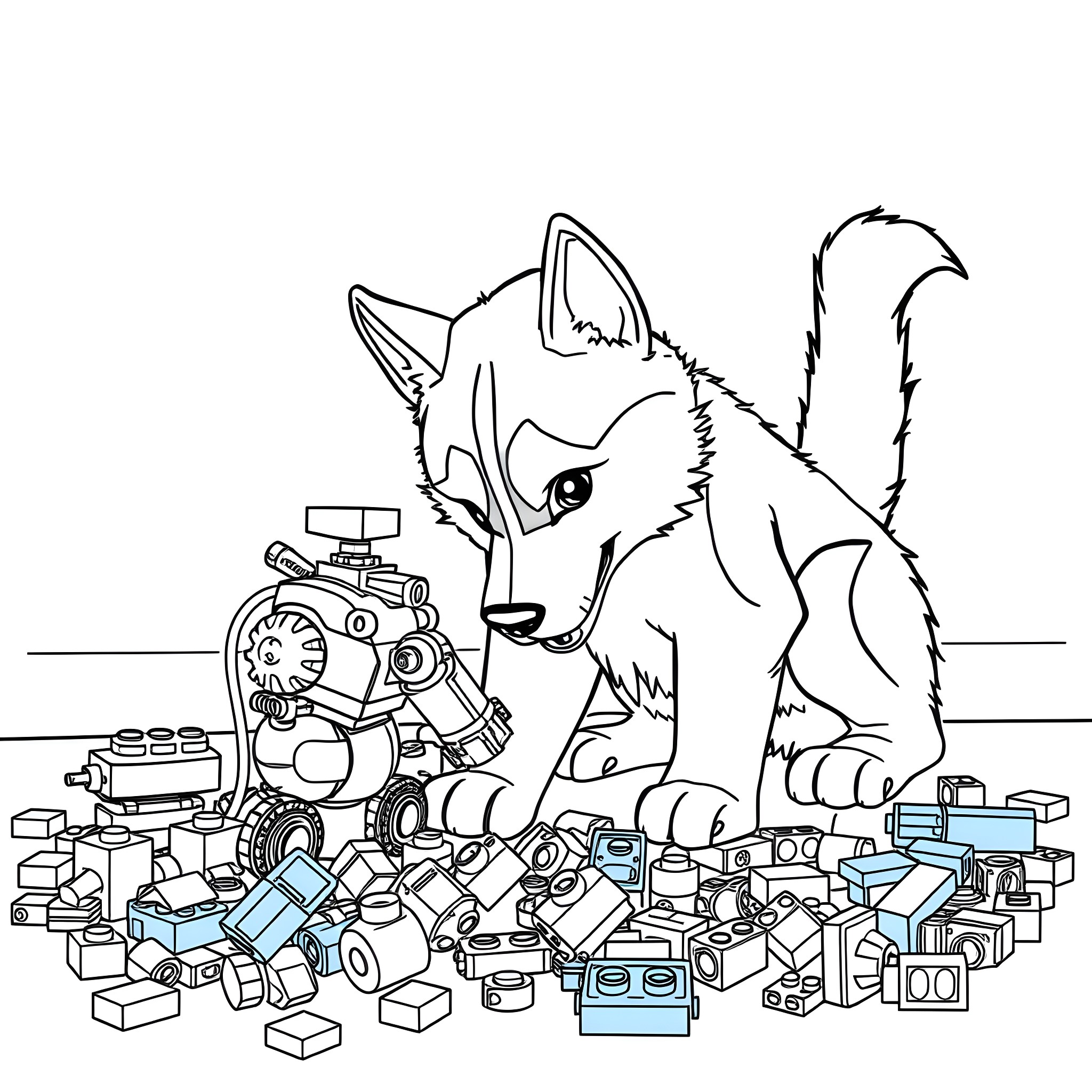 Husky playing with toy robot in pile of building blocks Coloring Page (free black-and-white line drawing printable PDF for all, from beginners to advanced learners, including children, teens, adults, and seniors)