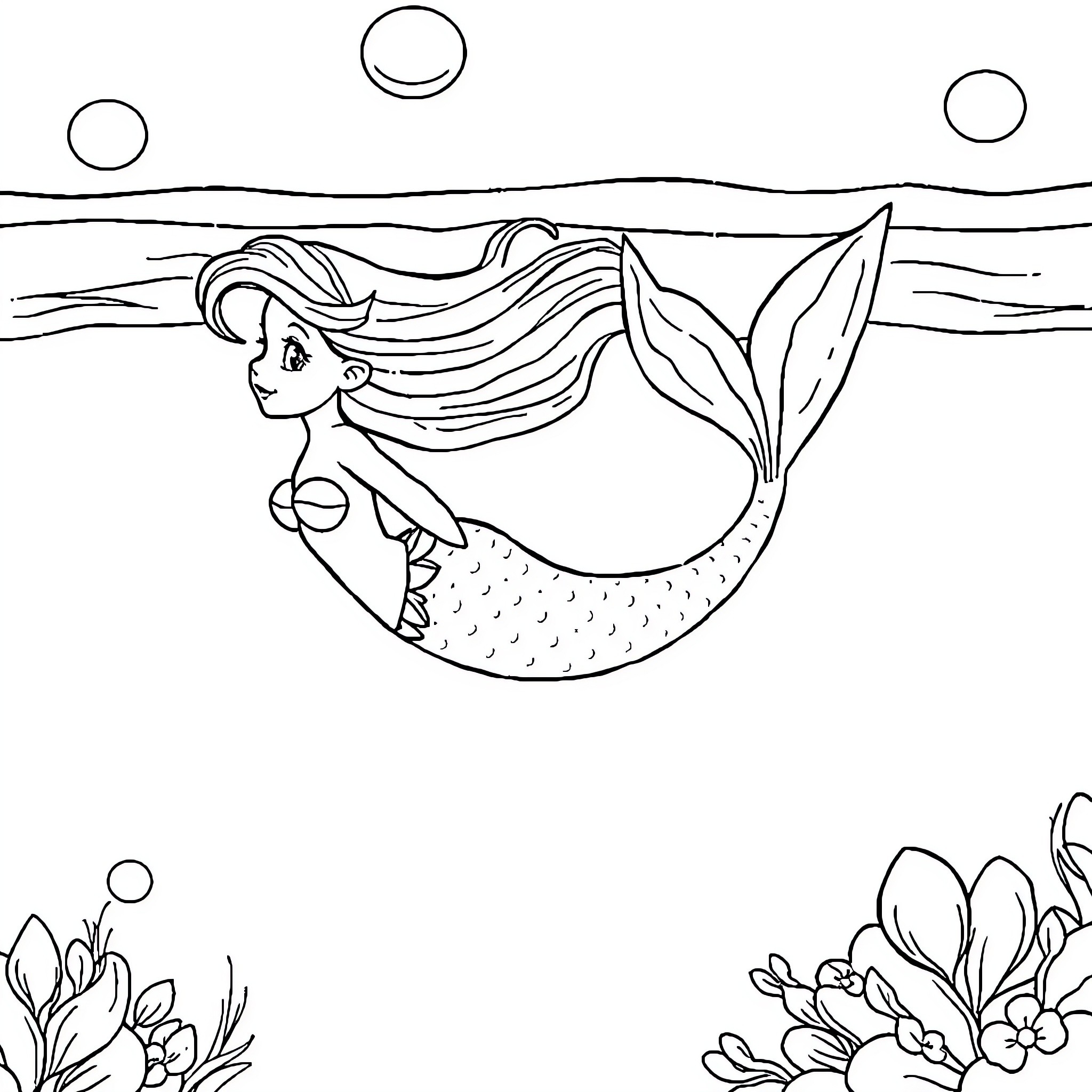 Mermaid swimming gracefully in the underwater seascape Coloring Page (free black-and-white line drawing printable PDF for all, from beginners to advanced learners, including children, teens, adults, and seniors)