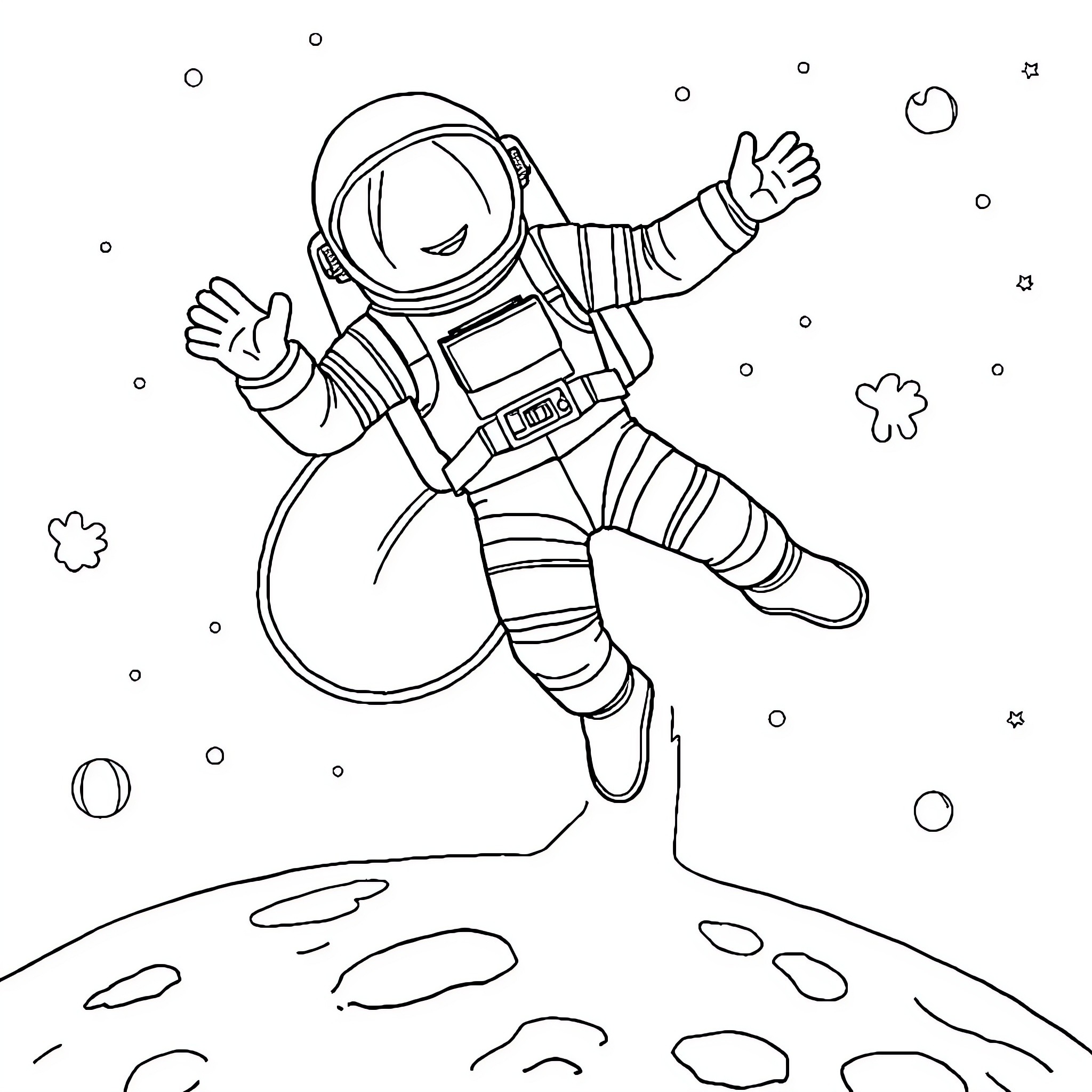 Astronaut exploring the moon with joy Coloring Page (free black-and-white line drawing printable PDF for all, from beginners to advanced learners, including children, teens, adults, and seniors)