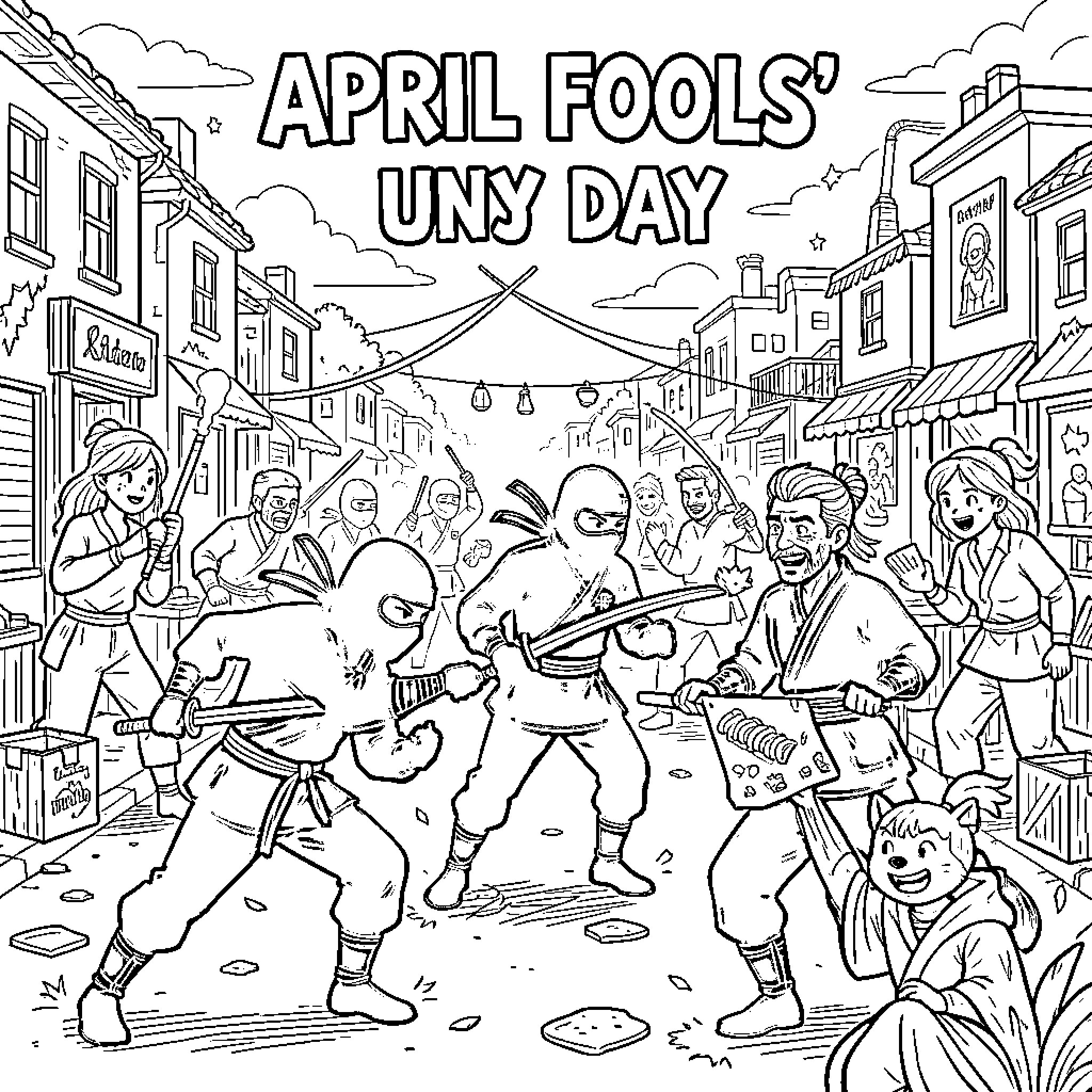 Ninja Antics on April Fools' Unsy Day Coloring Page (free black-and-white line drawing printable PDF for all, from beginners to advanced learners, including children, teens, adults, and seniors)