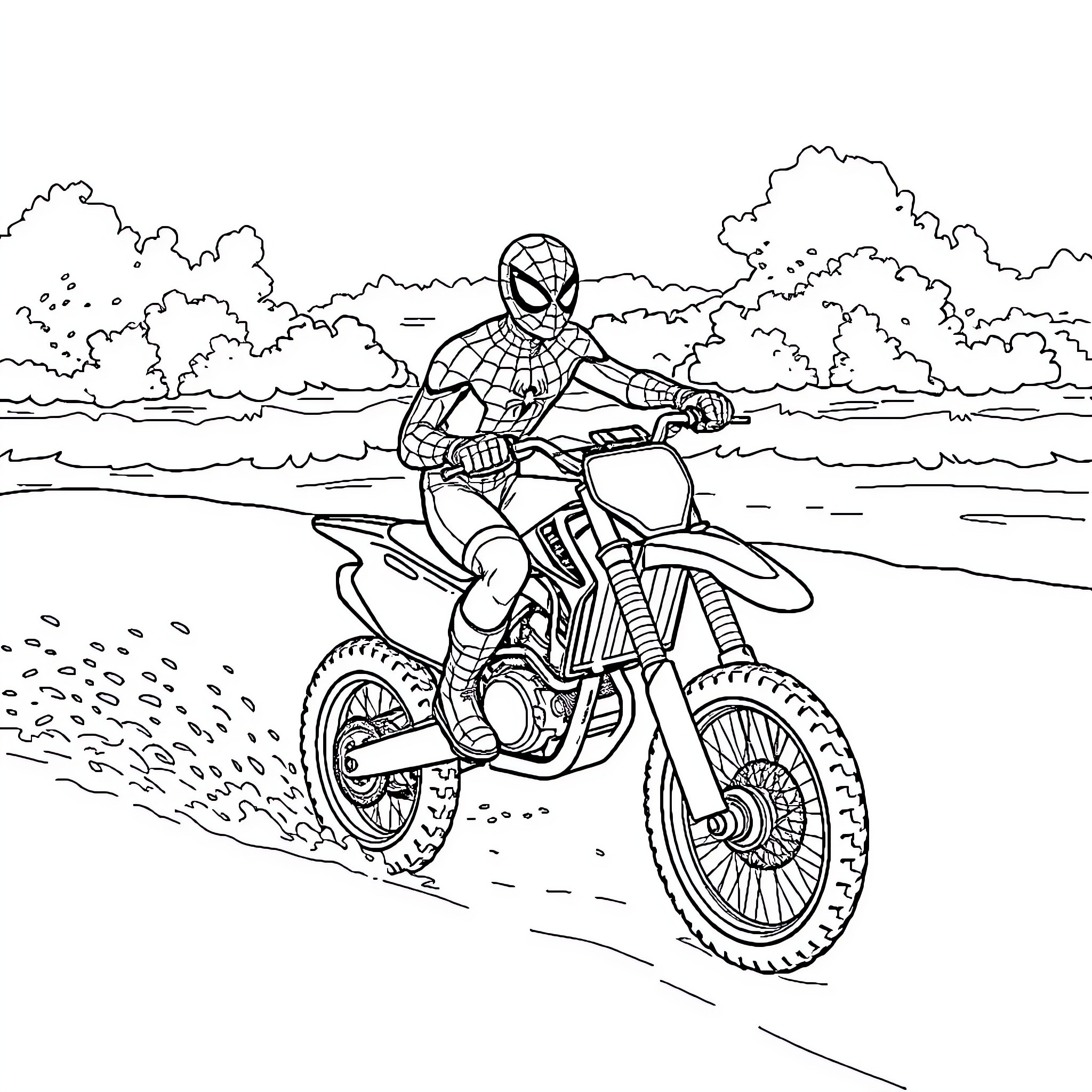 Spider-Man riding a motorcycle through the countryside Coloring Page (free black-and-white line drawing printable PDF for all, from beginners to advanced learners, including children, teens, adults, and seniors)