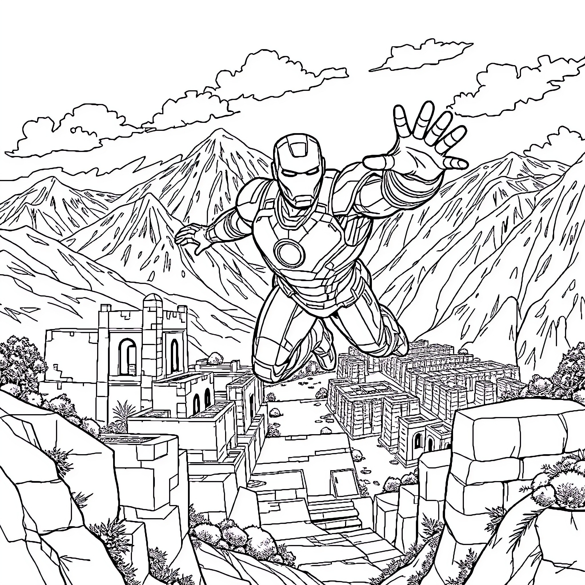 Iron Man Soaring Over Mountainous Cityscape Coloring Page (free black-and-white line drawing printable PDF for all, from beginners to advanced learners, including children, teens, adults, and seniors)