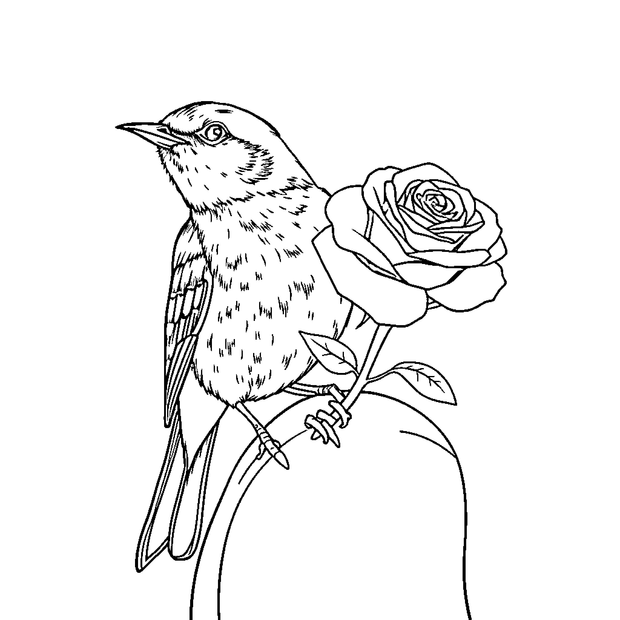 Bird perched on a rose flower Coloring Page (free black-and-white line drawing printable PDF for all, from beginners to advanced learners, including children, teens, adults, and seniors)