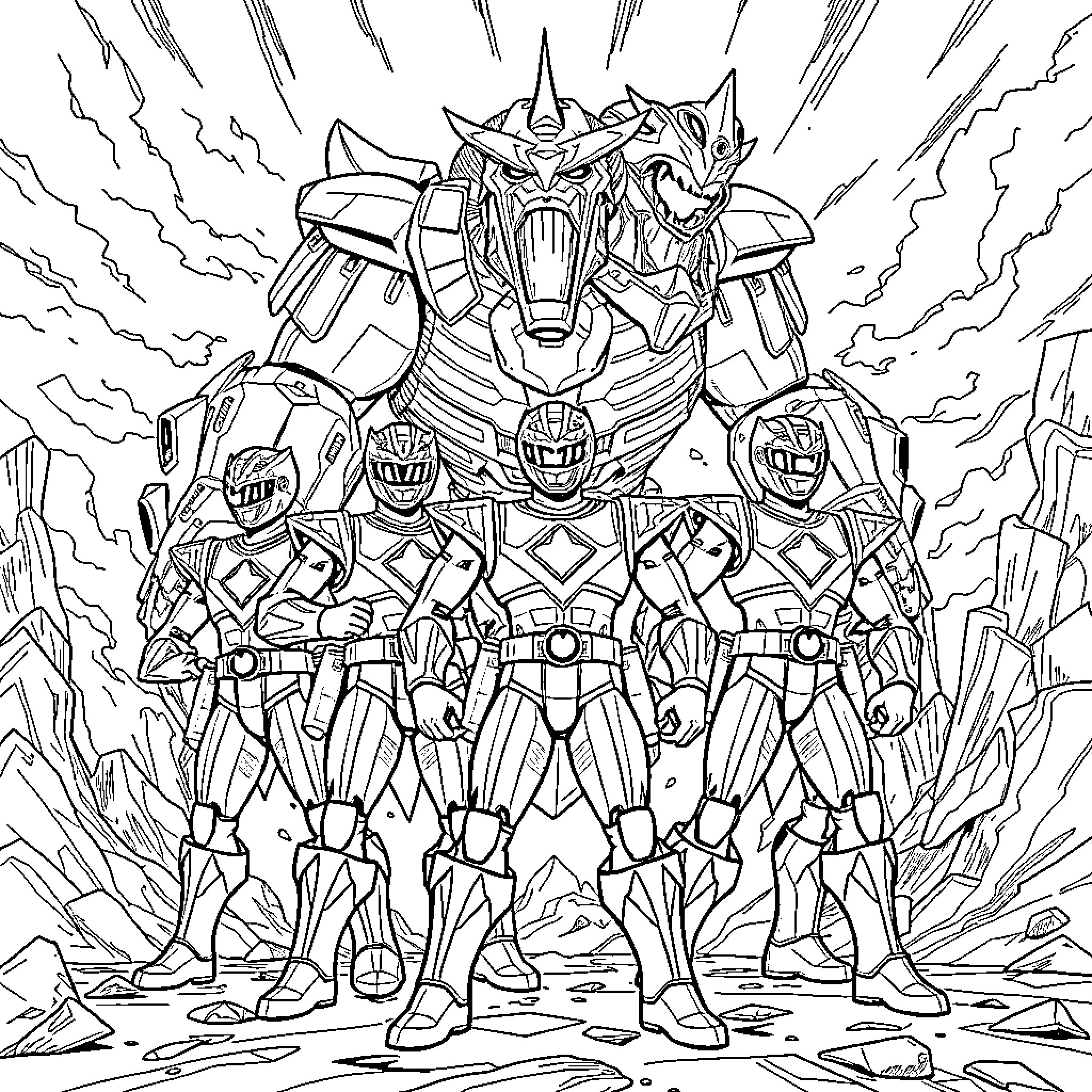 Zord Robots in Battle Stance Coloring Page (free black-and-white line drawing printable PDF for all, from beginners to advanced learners, including children, teens, adults, and seniors)