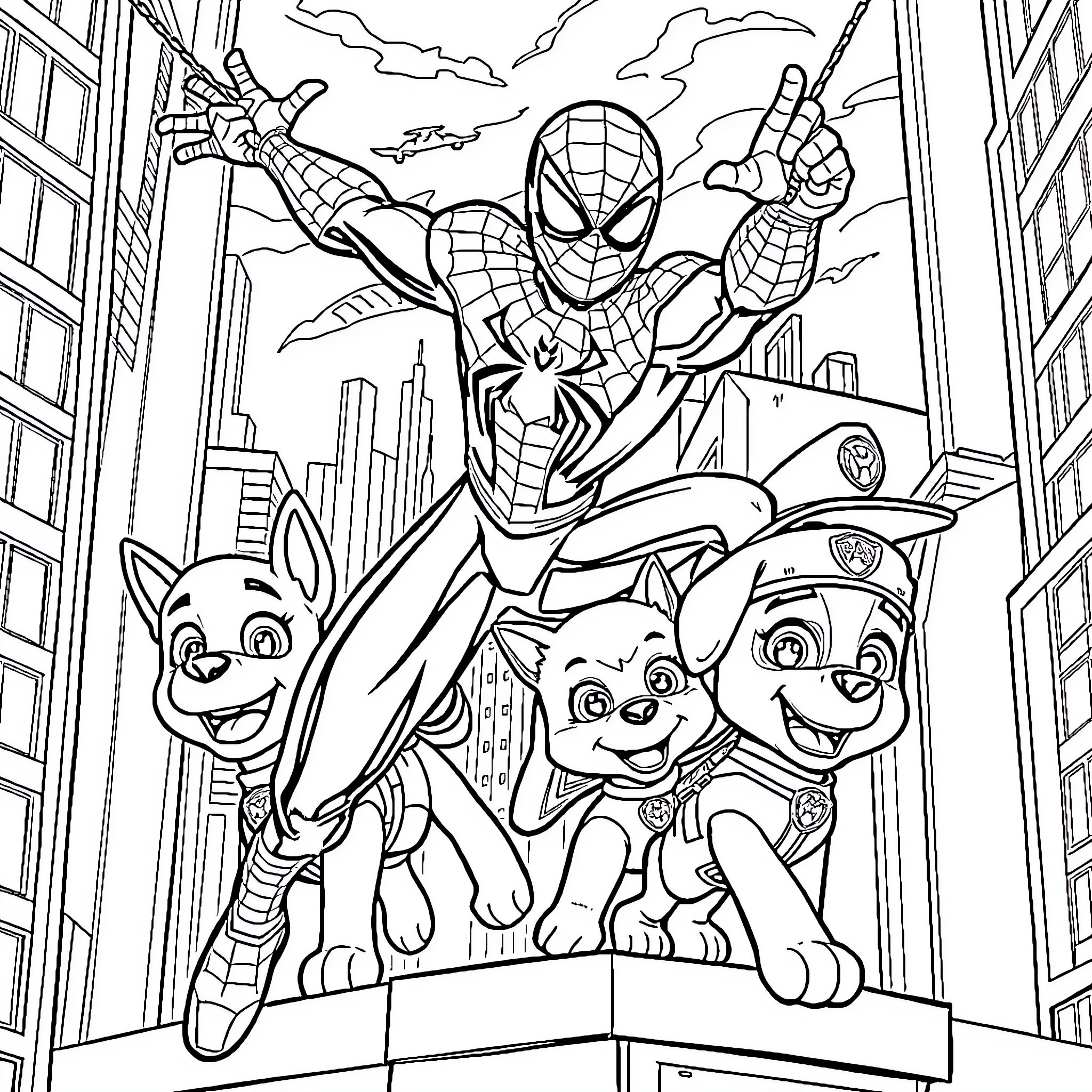 Spider-Man swinging with Paw Patrol pups in the city Coloring Page (free black-and-white line drawing printable PDF for all, from beginners to advanced learners, including children, teens, adults, and seniors)
