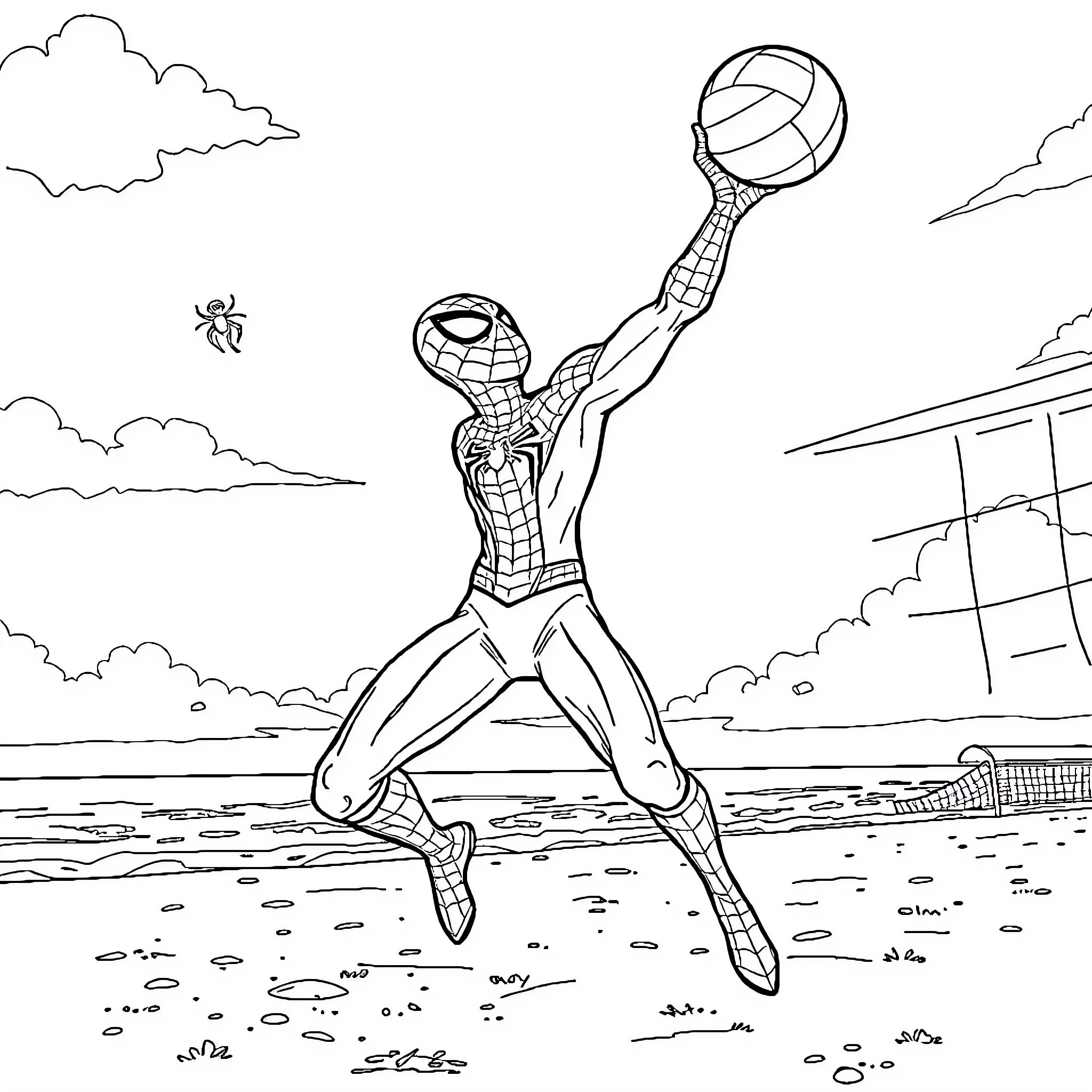 Spider-Man playing volleyball on the beach Coloring Page (free black-and-white line drawing printable PDF for all, from beginners to advanced learners, including children, teens, adults, and seniors)