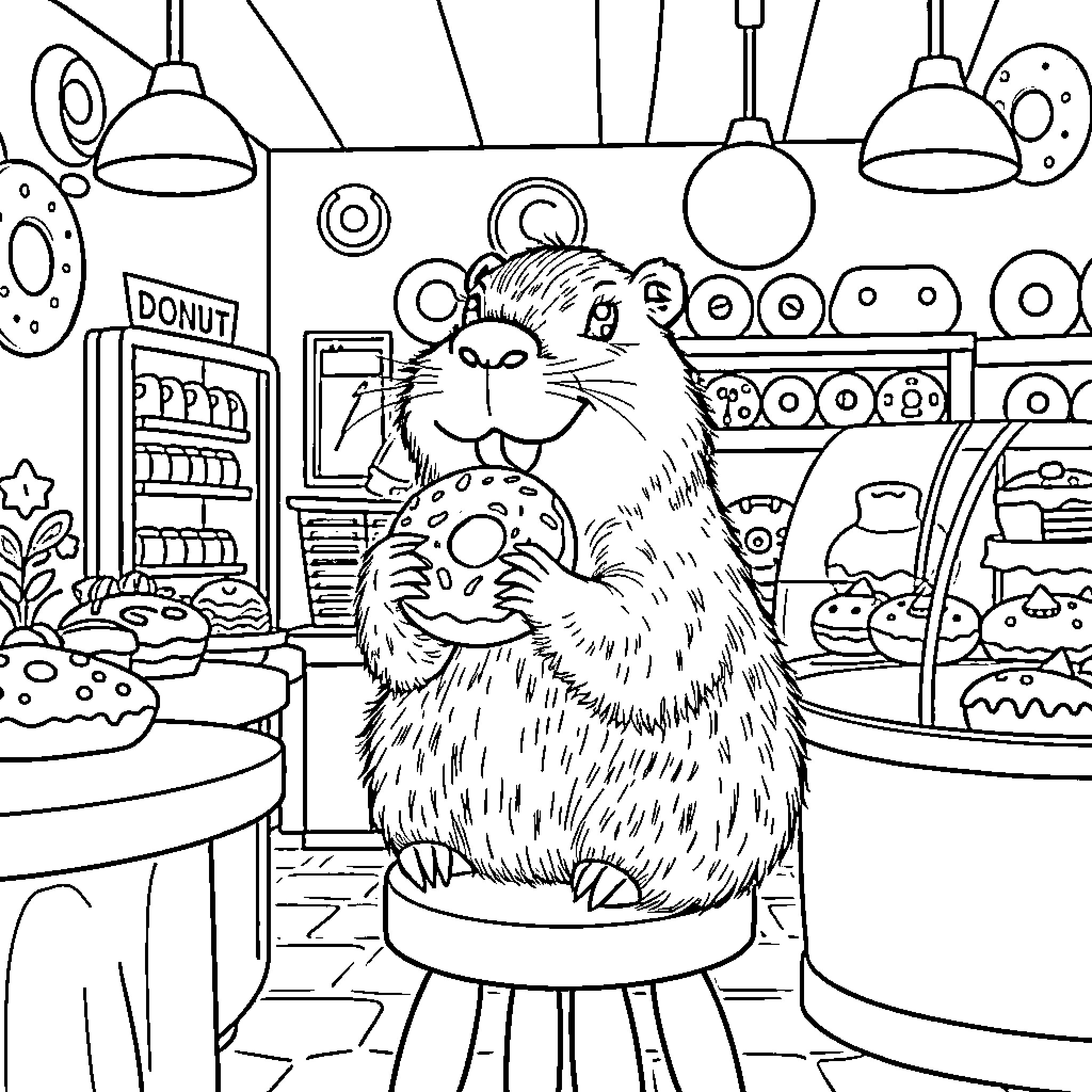 Capybara enjoying a donut in a quirky bakery Coloring Page (free black-and-white line drawing printable PDF for all, from beginners to advanced learners, including children, teens, adults, and seniors)