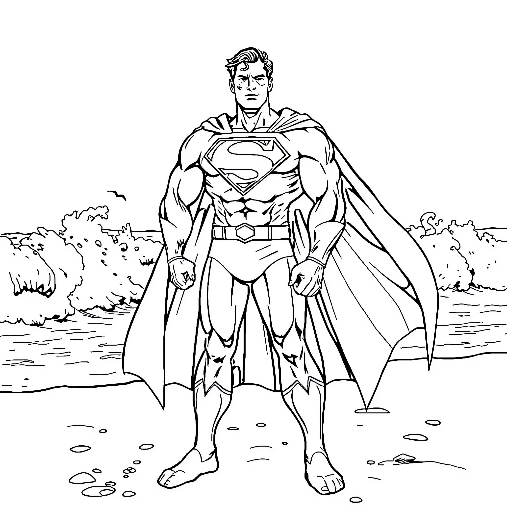 Superman heroically stands tall in an outdoor scene Coloring Page (free black-and-white line drawing printable PDF for all, from beginners to advanced learners, including children, teens, adults, and seniors)