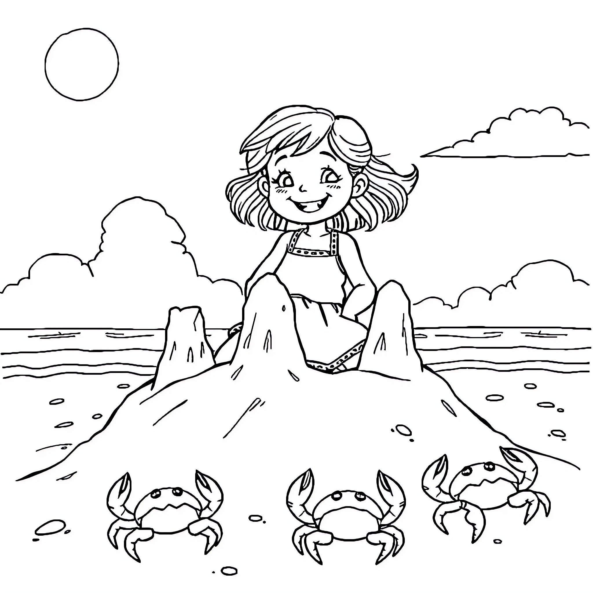 Girl exploring the beach with curious crabs Coloring Page (free black-and-white line drawing printable PDF for all, from beginners to advanced learners, including children, teens, adults, and seniors)