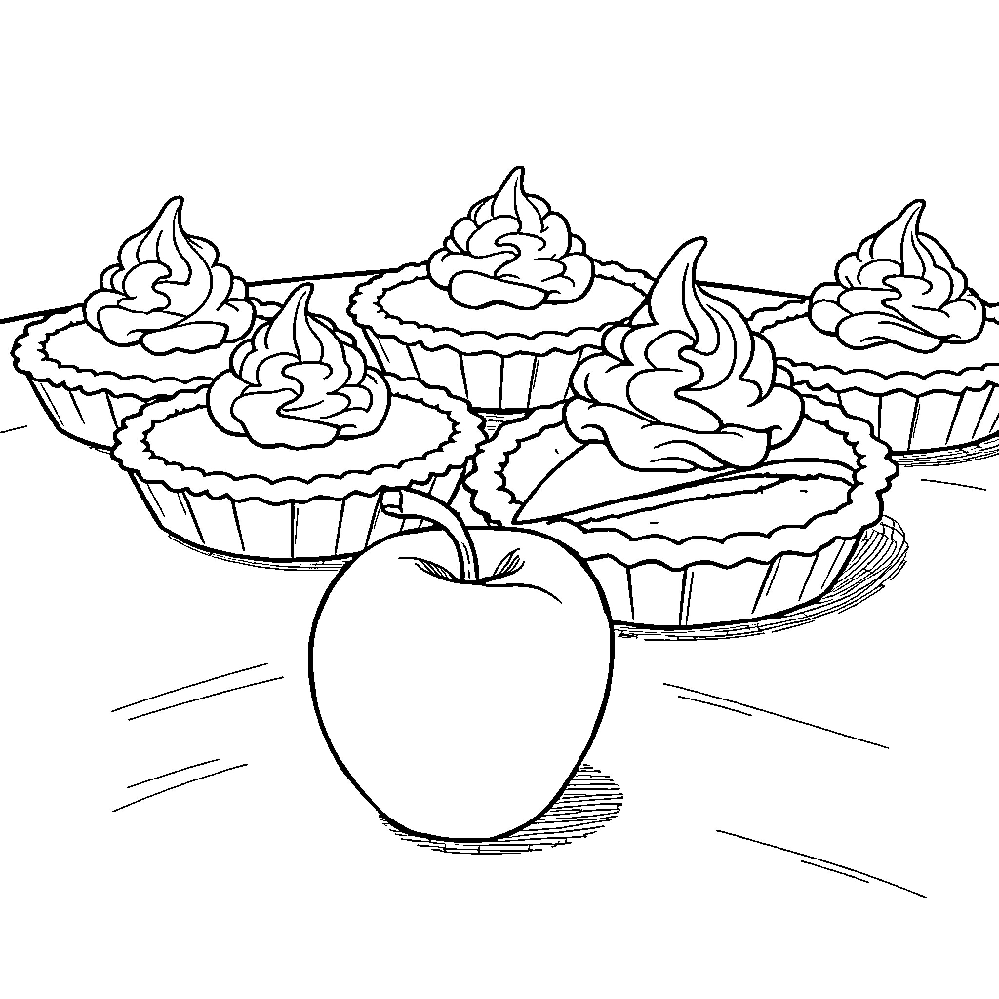 Pie Themed Desserts and Apples Coloring Page (free black-and-white line drawing printable PDF for all, from beginners to advanced learners, including children, teens, adults, and seniors)