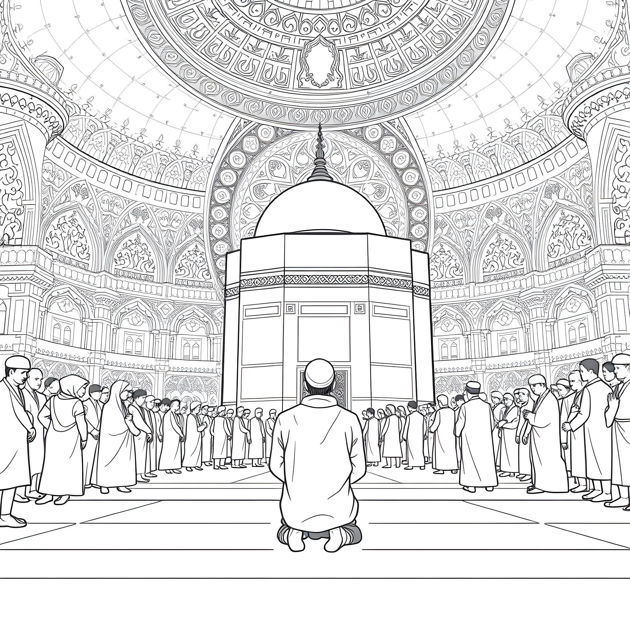 Person praying in ornate mosque with people Coloring Page (free black-and-white line drawing printable PDF for all, from beginners to advanced learners, including children, teens, adults, and seniors)