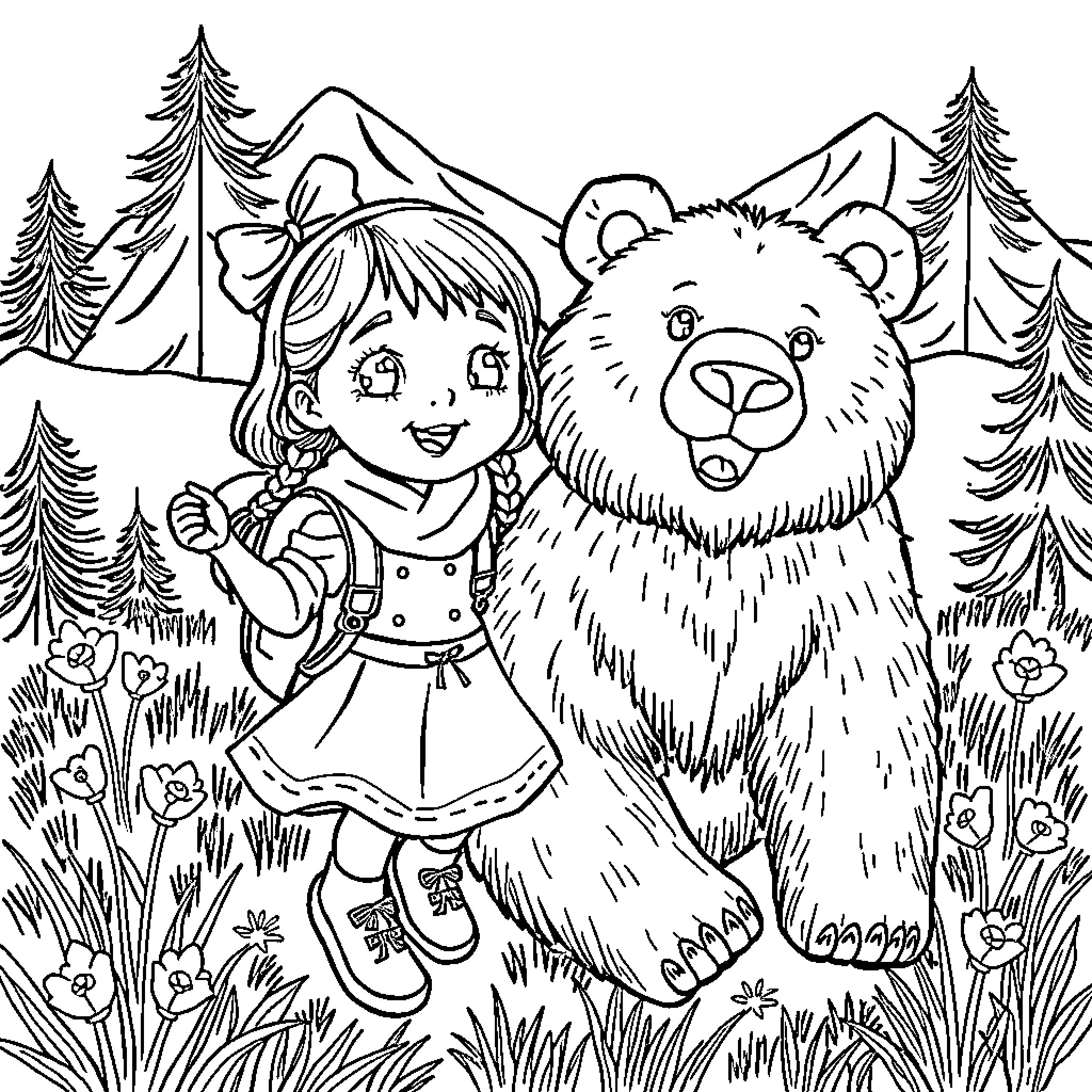 Macha hugging a friendly bear in a meadow Coloring Page (free black-and-white line drawing printable PDF for all, from beginners to advanced learners, including children, teens, adults, and seniors)