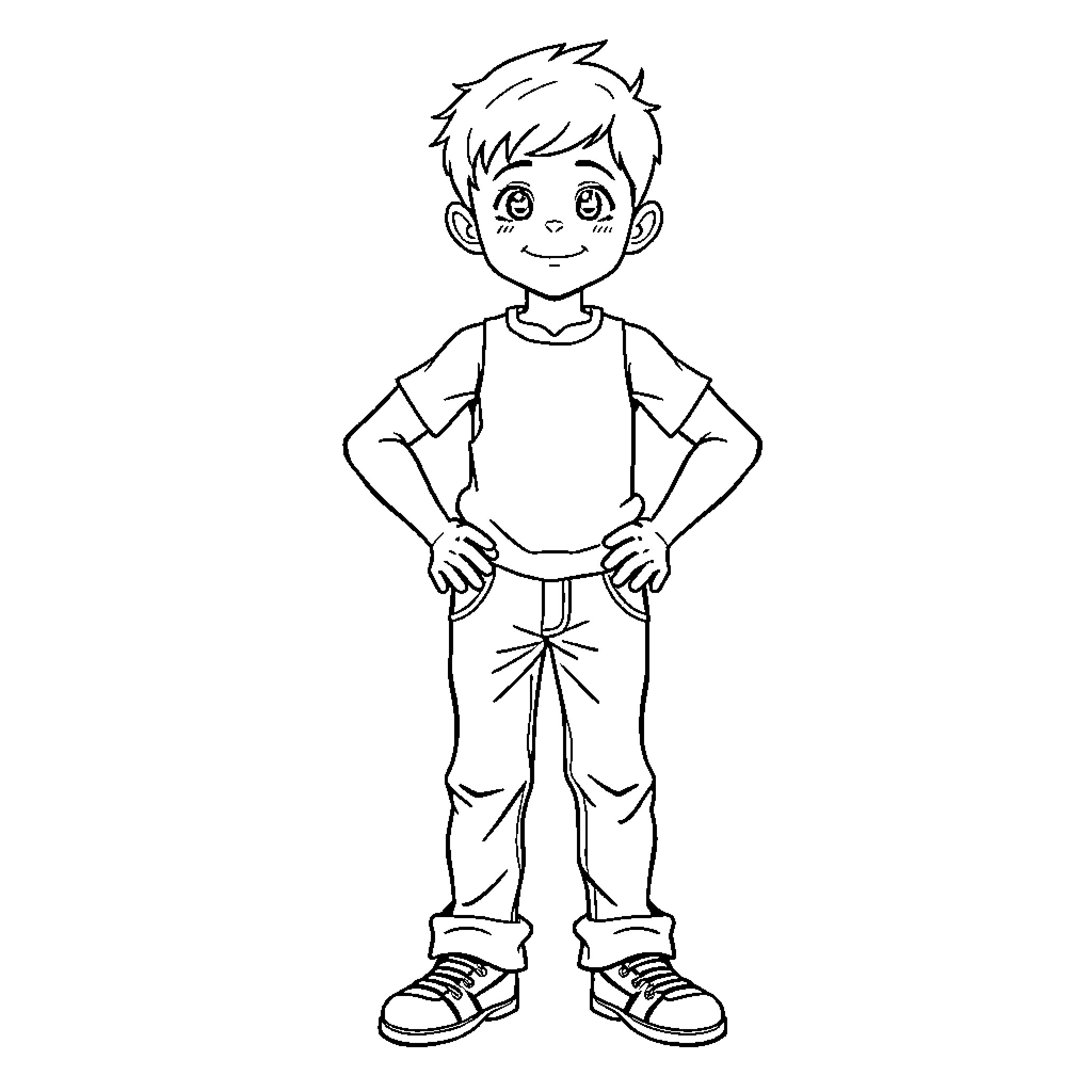 Boy posing confidently in casual outfit Coloring Page (free black-and-white line drawing printable PDF for all, from beginners to advanced learners, including children, teens, adults, and seniors)