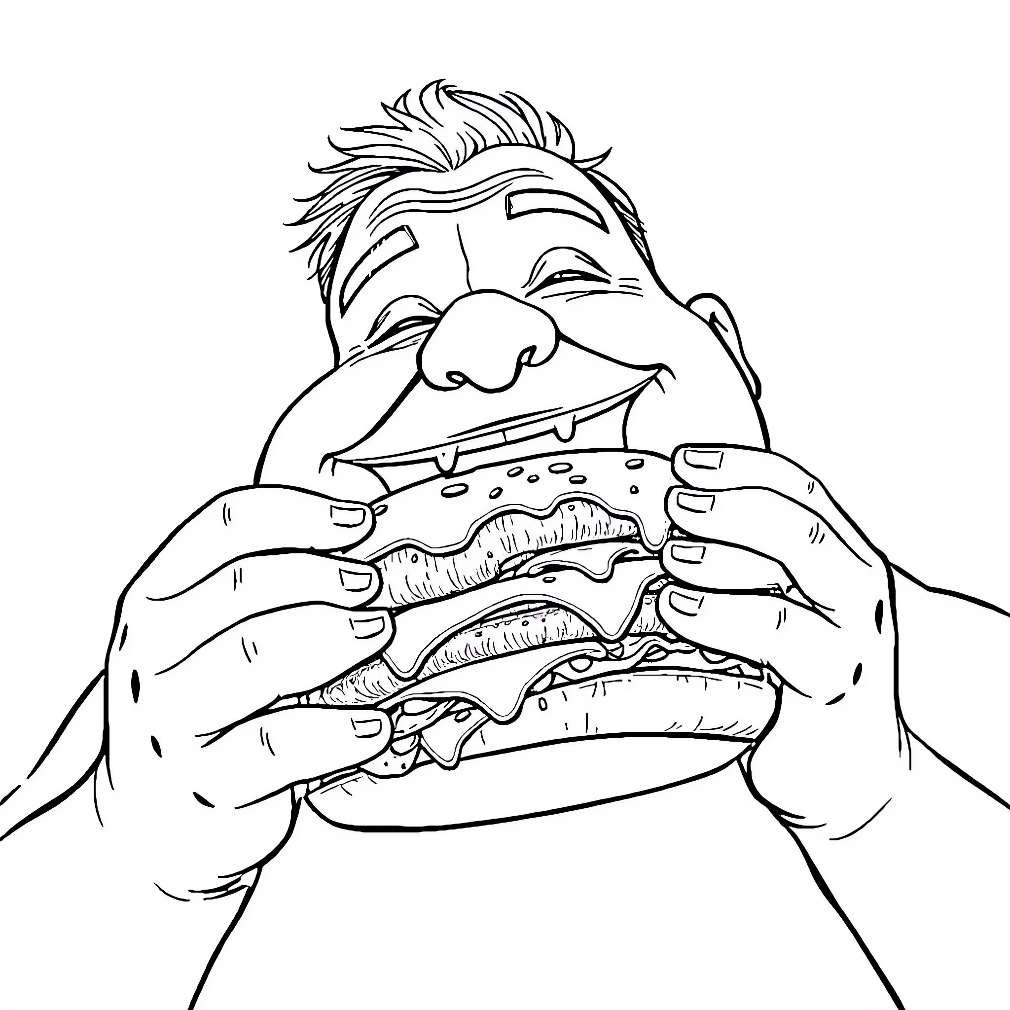 Guy savoring a delicious burger Coloring Page (free black-and-white line drawing printable PDF for all, from beginners to advanced learners, including children, teens, adults, and seniors)
