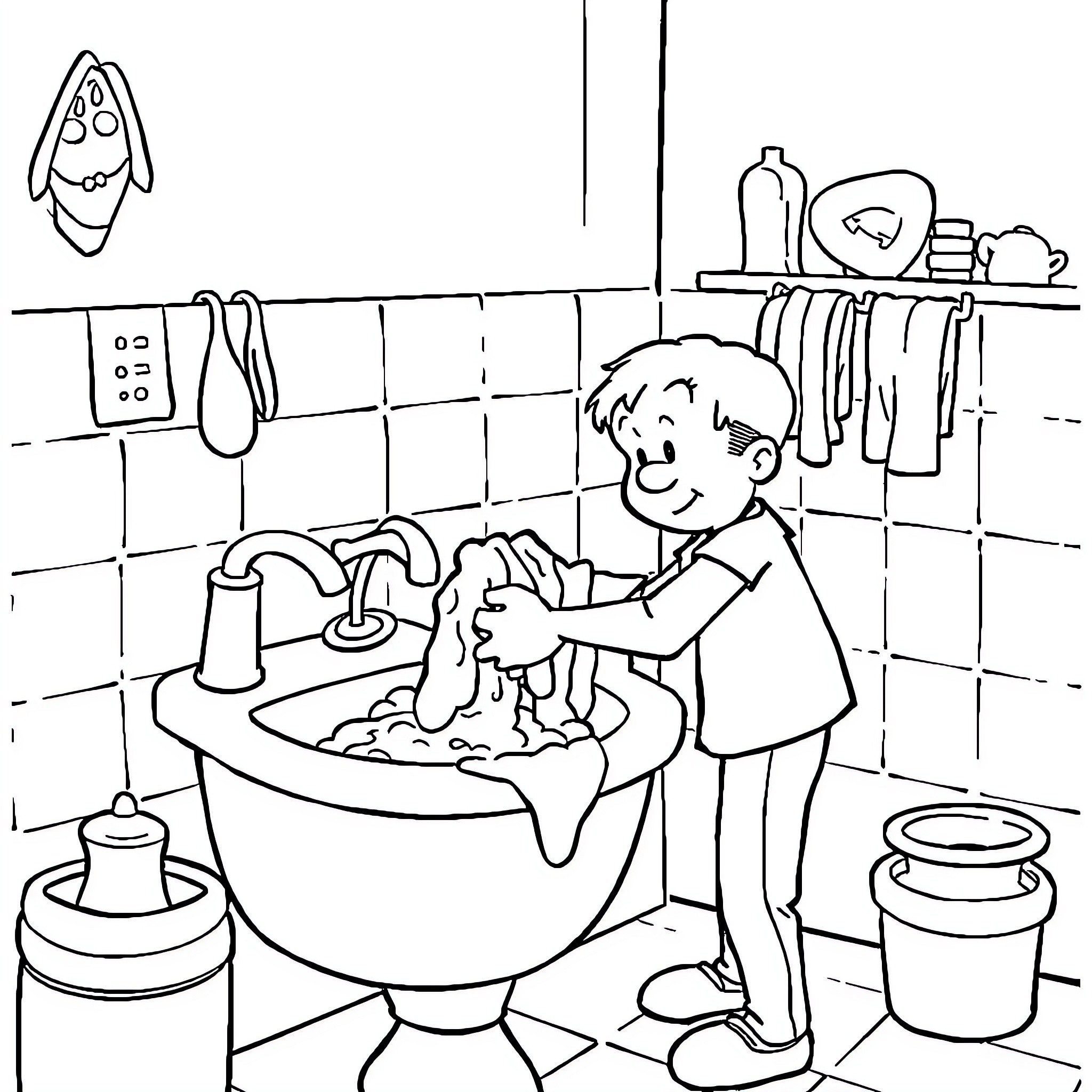 Eddie Valiant washing dishes in the kitchen Coloring Page (free black-and-white line drawing printable PDF for all, from beginners to advanced learners, including children, teens, adults, and seniors)