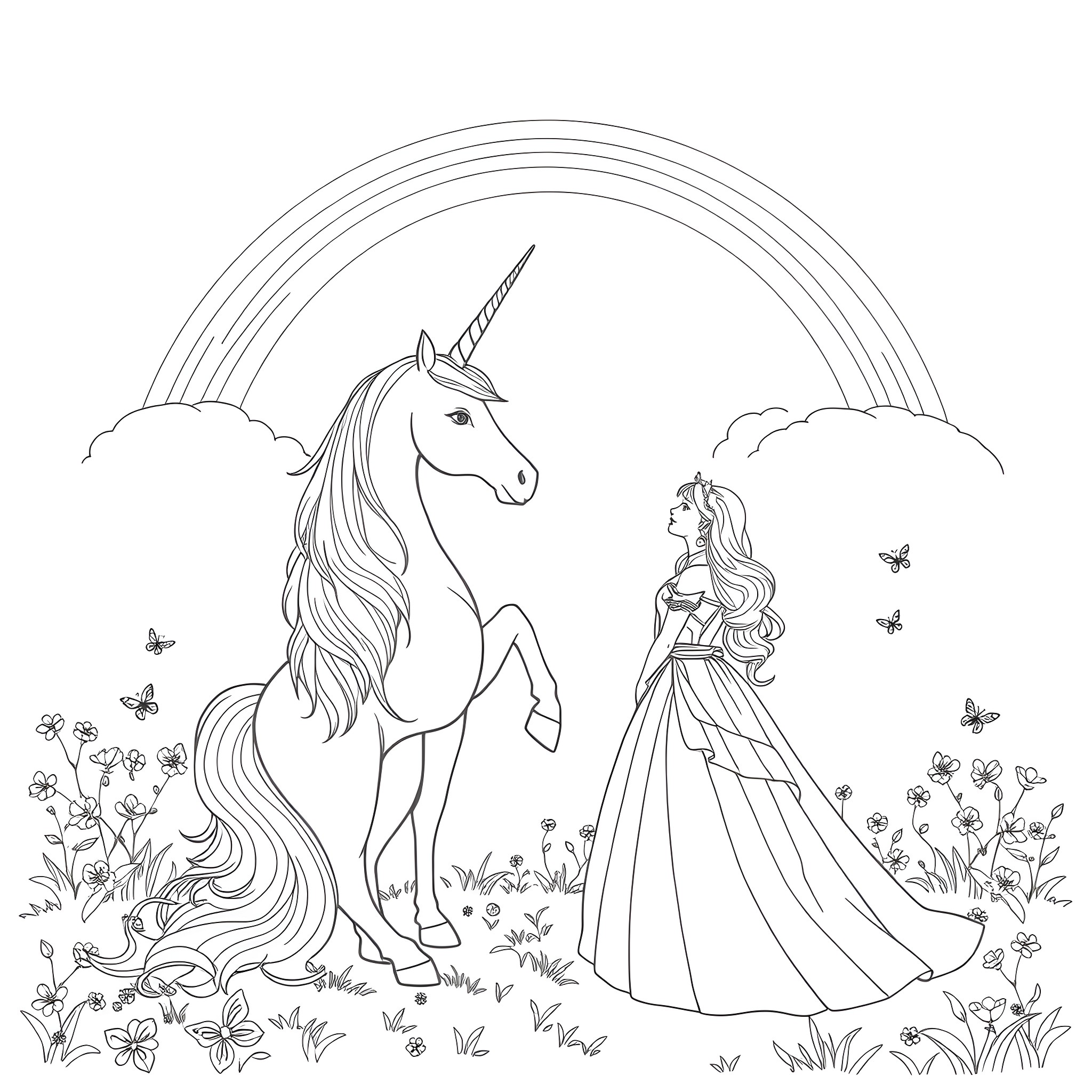 Princess Admiring the Majestic Unicorn in a Flowery Meadow Coloring Page (free black-and-white line drawing printable PDF for all, from beginners to advanced learners, including children, teens, adults, and seniors)