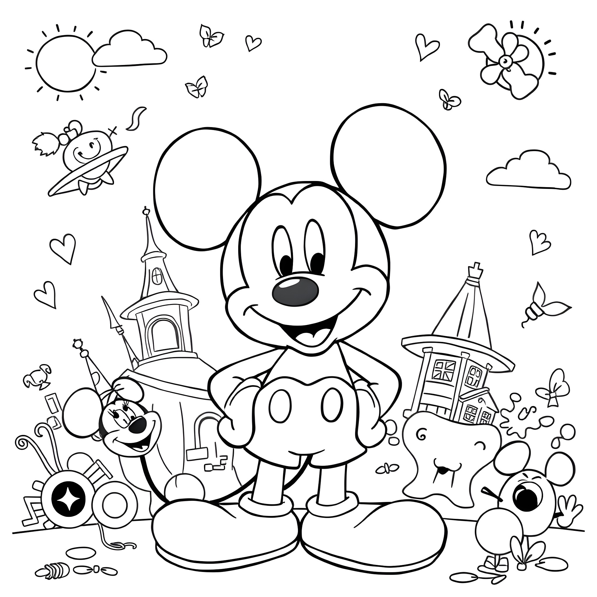 Mickey Mouse enjoying a colorful day with friends Coloring Page (free black-and-white line drawing printable PDF for all, from beginners to advanced learners, including children, teens, adults, and seniors)