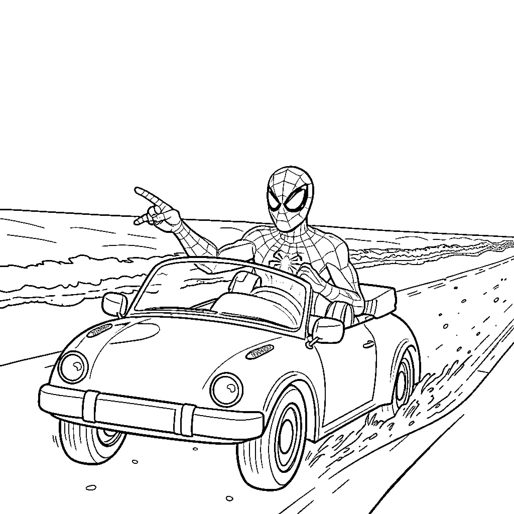 Spiderman driving a vintage sports car on the beach Coloring Page (free black-and-white line drawing printable PDF for all, from beginners to advanced learners, including children, teens, adults, and seniors)