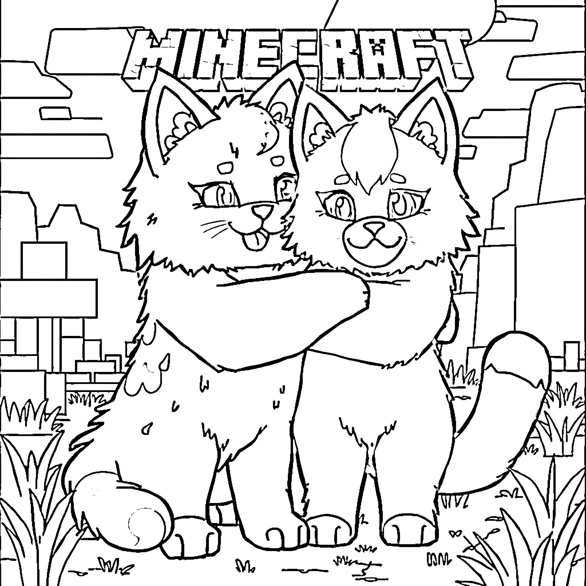 Aphmau's Minecraft-inspired feline friends in nature Coloring Page (free black-and-white line drawing printable PDF for all, from beginners to advanced learners, including children, teens, adults, and seniors)