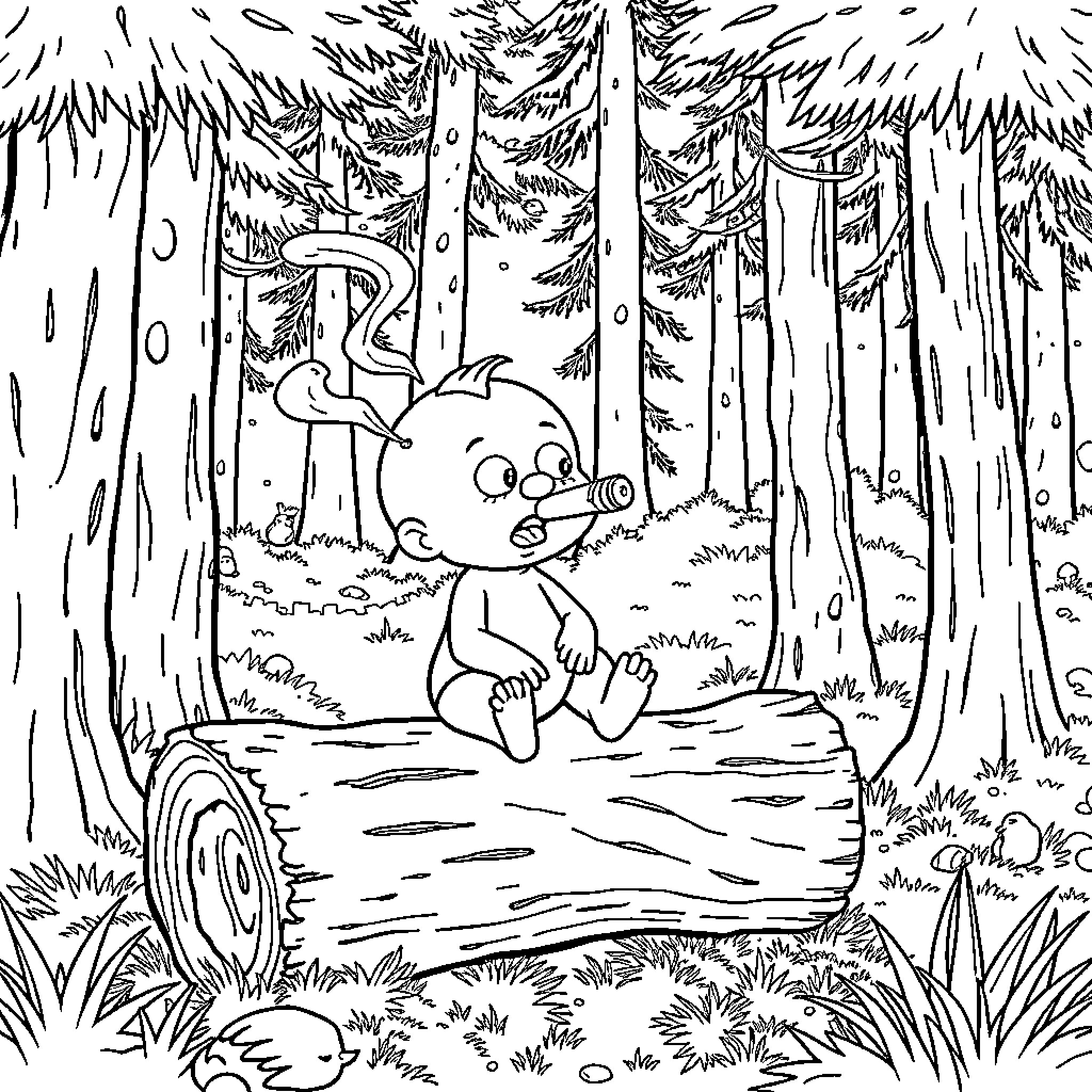 Stewie's Adventure in the Enchanted Forest Coloring Page (free black-and-white line drawing printable PDF for all, from beginners to advanced learners, including children, teens, adults, and seniors)
