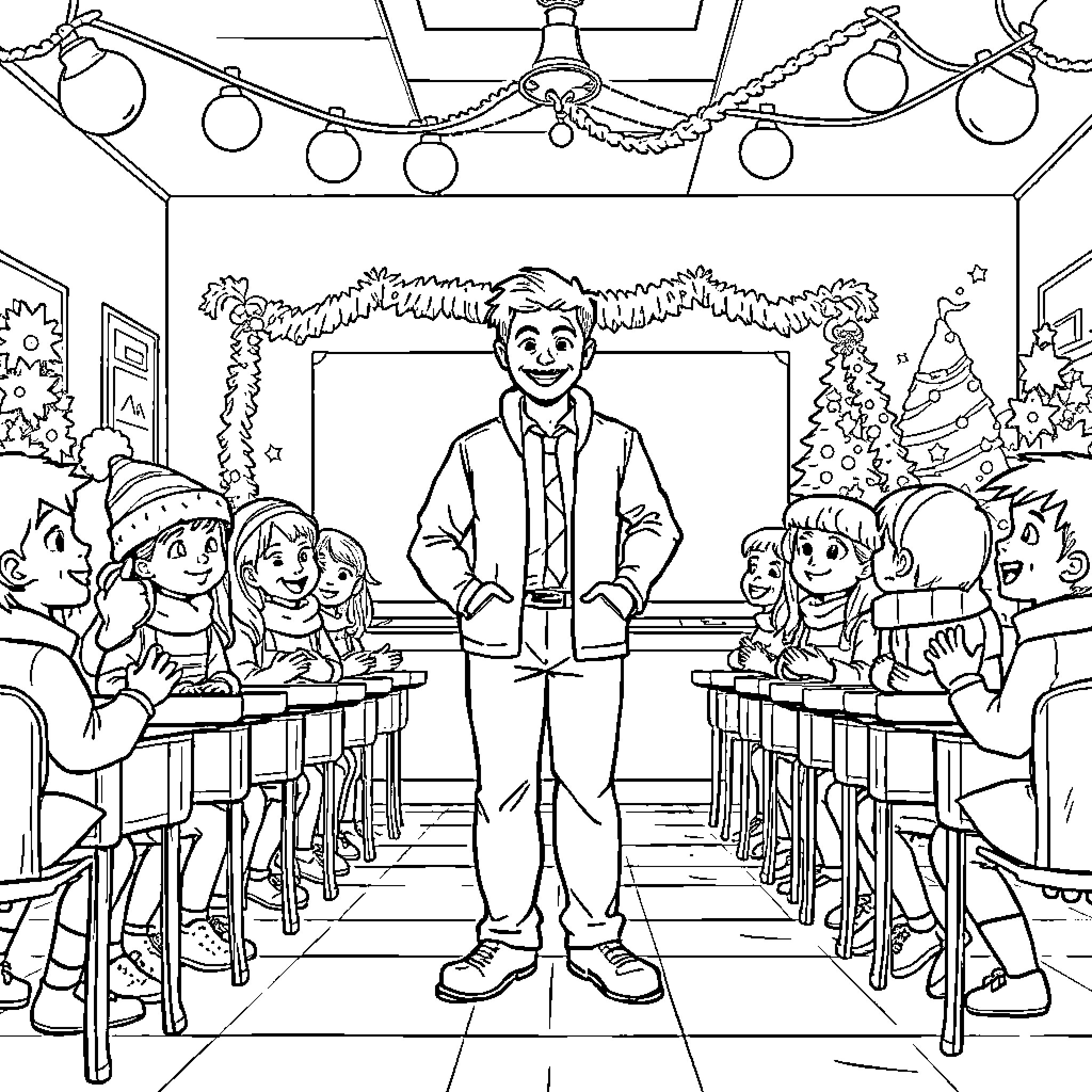 Maestro Leads Classroom of Cheerful Students Coloring Page (free black-and-white line drawing printable PDF for all, from beginners to advanced learners, including children, teens, adults, and seniors)