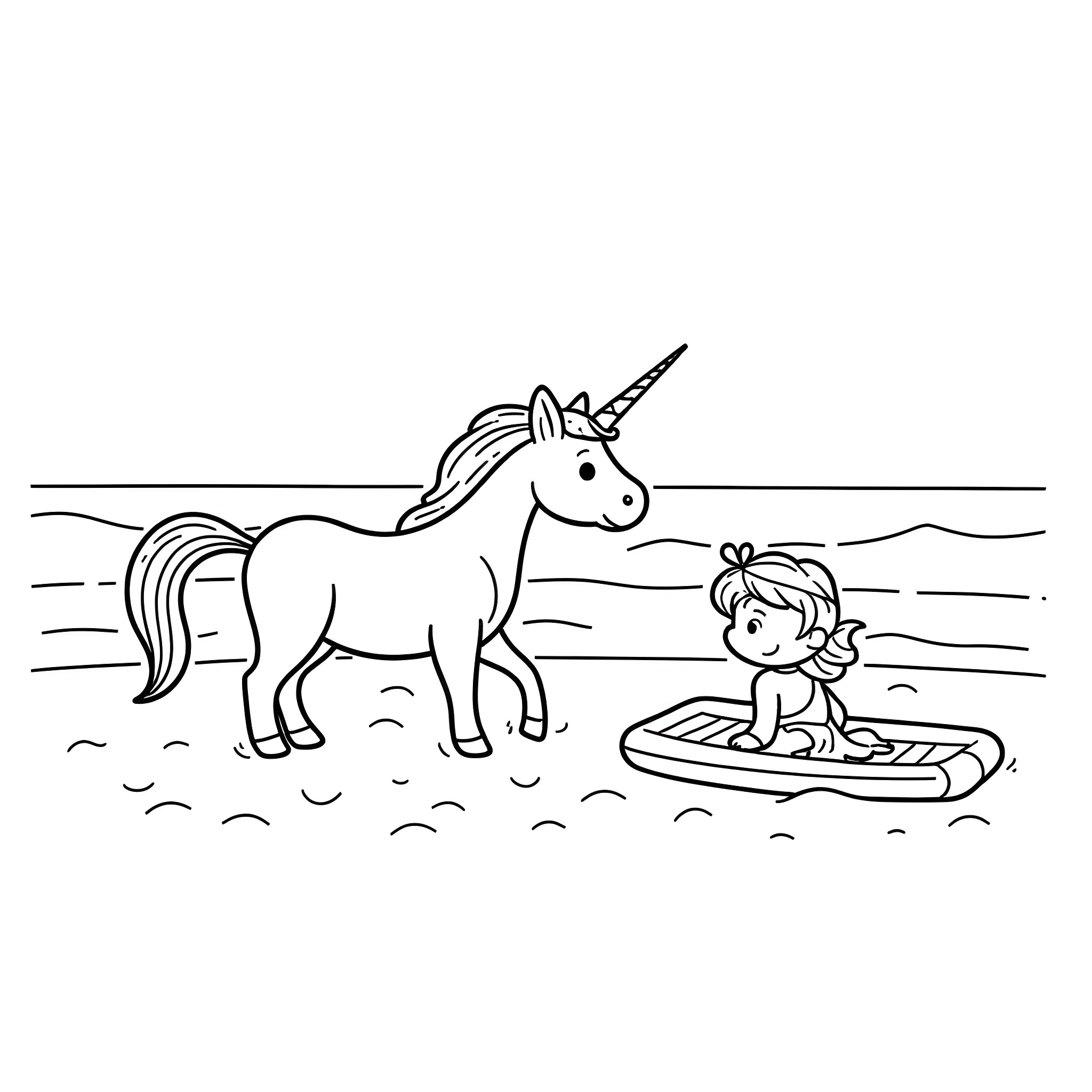 Unicorn and girl playing on a surfboard in the water Coloring Page (free black-and-white line drawing printable PDF for all, from beginners to advanced learners, including children, teens, adults, and seniors)