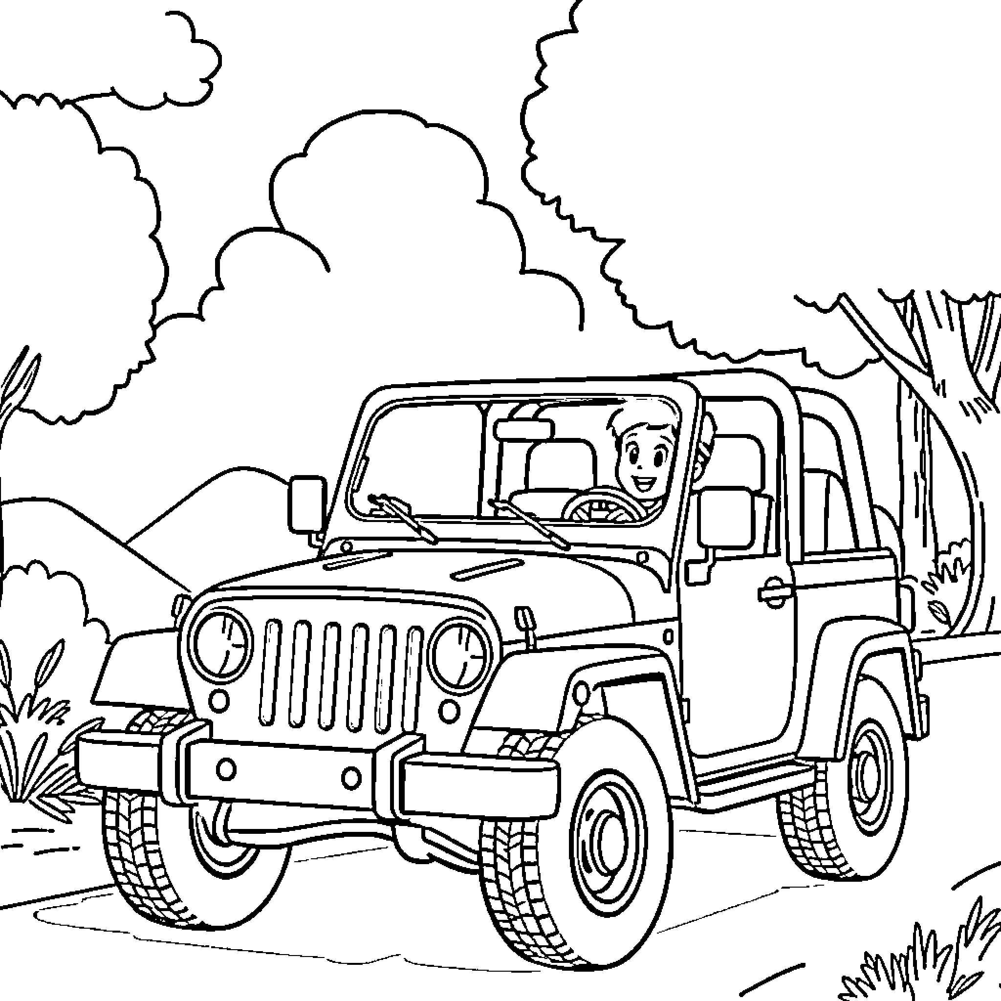 Bing Off-Road Vehicle Adventure Coloring Page (free black-and-white line drawing printable PDF for all, from beginners to advanced learners, including children, teens, adults, and seniors)