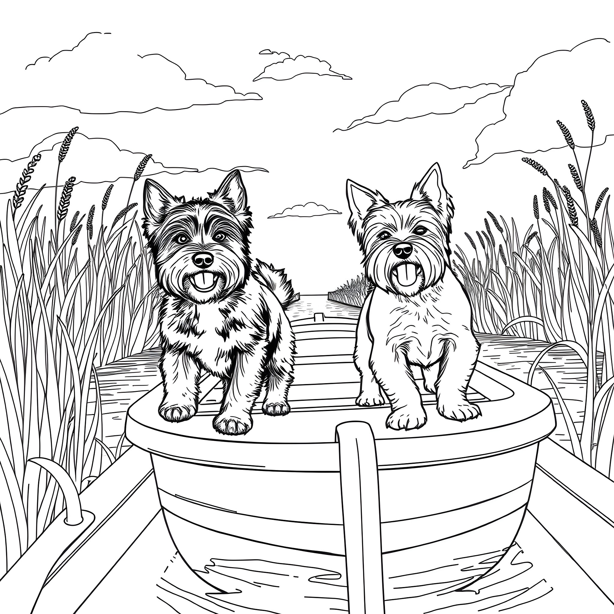 Terrier dogs playing happily in a boat Coloring Page (free black-and-white line drawing printable PDF for all, from beginners to advanced learners, including children, teens, adults, and seniors)