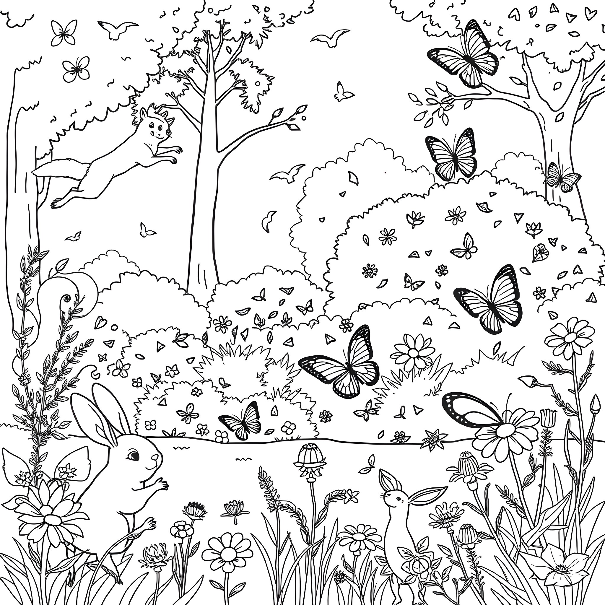 Critter Forest Sanctuary with Playful Creatures Coloring Page (free black-and-white line drawing printable PDF for all, from beginners to advanced learners, including children, teens, adults, and seniors)
