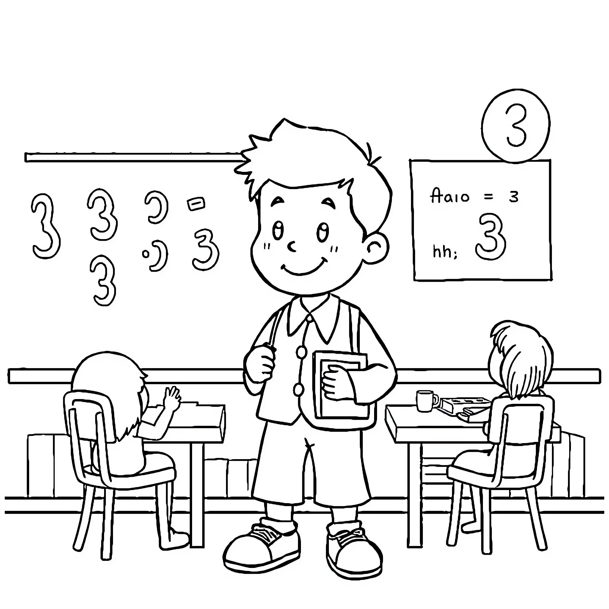 Math class with student and chalkboard Coloring Page (free black-and-white line drawing printable PDF for all, from beginners to advanced learners, including children, teens, adults, and seniors)