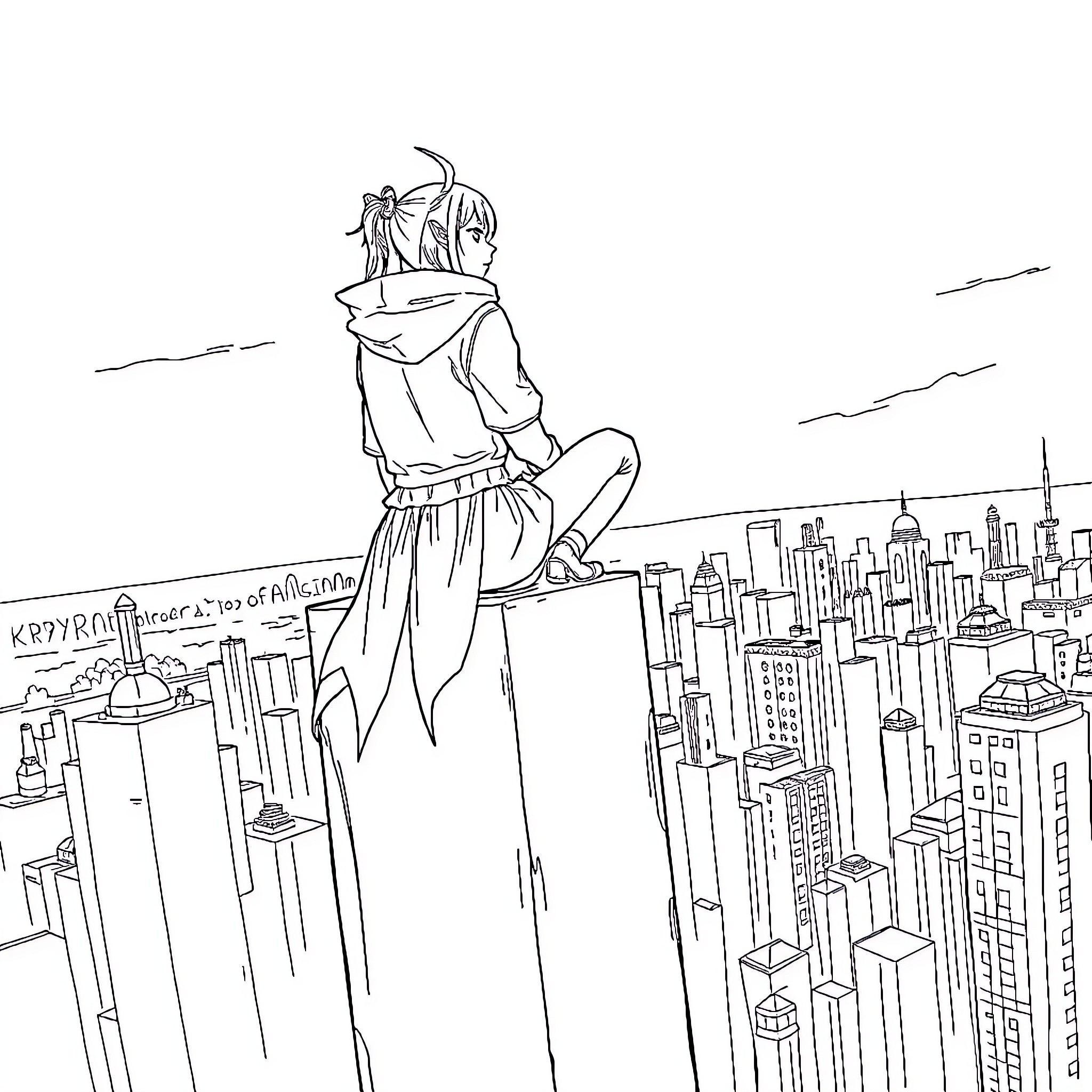 Rumi contemplating the city skyline Coloring Page (free black-and-white line drawing printable PDF for all, from beginners to advanced learners, including children, teens, adults, and seniors)