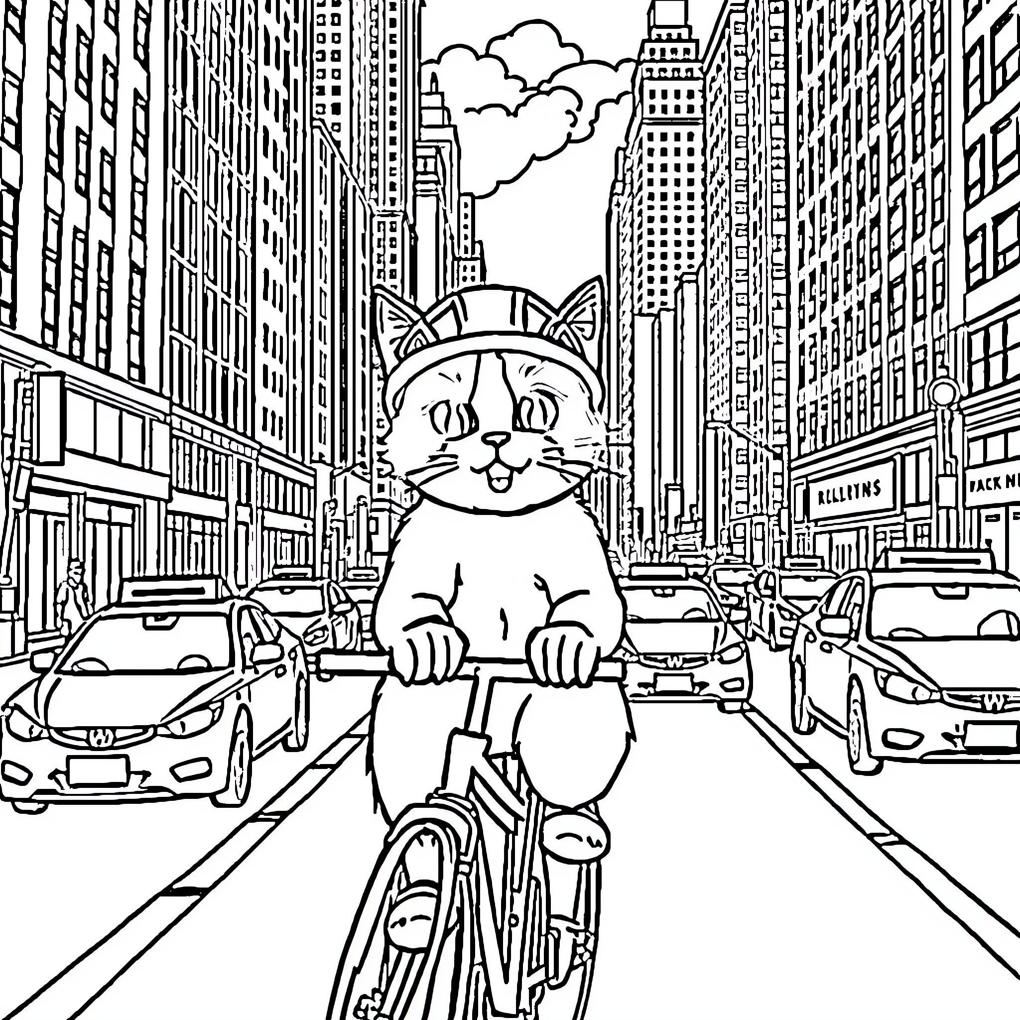 Cat exploring the bustling city streets Coloring Page (free black-and-white line drawing printable PDF for all, from beginners to advanced learners, including children, teens, adults, and seniors)