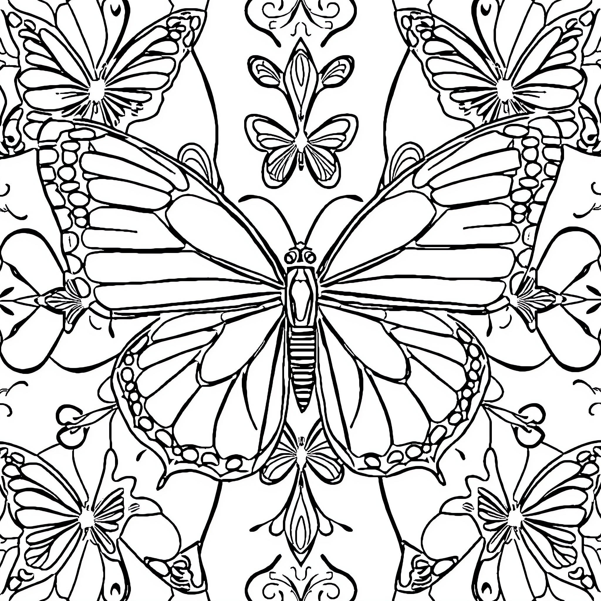 Butterfly Symmetry in Ornate Design Coloring Page (free black-and-white line drawing printable PDF for all, from beginners to advanced learners, including children, teens, adults, and seniors)