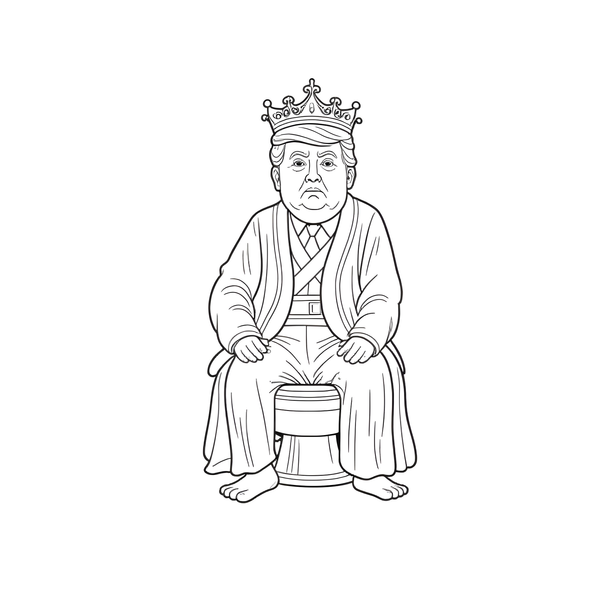 Donald Trump dressed as a king on a throne Coloring Page (free black-and-white line drawing printable PDF for all, from beginners to advanced learners, including children, teens, adults, and seniors)